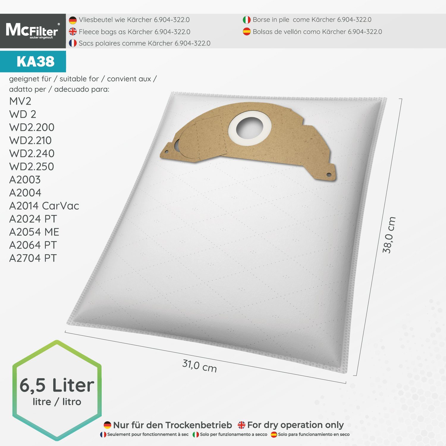 McFilter Staubsaugerbeutel Microvlies A2014 (20 St., Hohe Formstabile Kärcher für 2014 Vlies CarVac, Staubsauger, passend CarVac A Filter), 22 3-lagig Deckscheibe, + 2 Reißfestigkeit, Stück