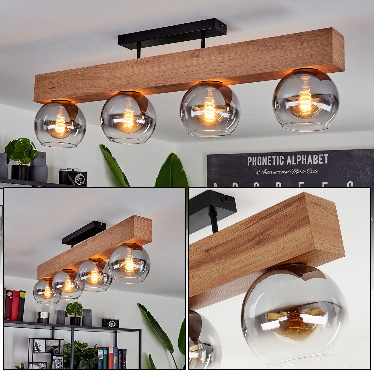 im Schwarz/Holzoptik/Rauchfarben, Leuchte aus hofstein Metall/MDF/Glas, Retro/Vintage-Design, ohne 4xE27 Deckenleuchte Rauchglas Deckenlampe, Schirmen »Canove« Leuchtmittel, (15cm),