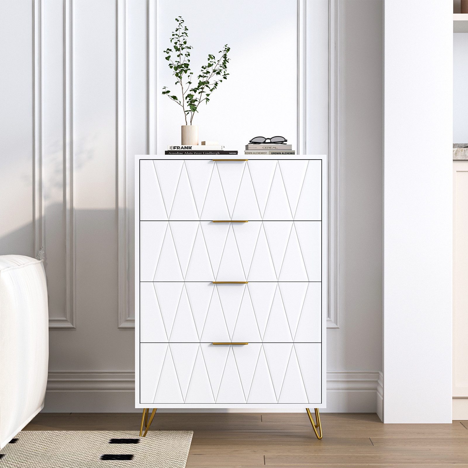 SEEZSSA Nachttisch Nachtschrank mit Schubladen, Nachtkommode, Nachtkonsole (Set, 1-St., Weiß Sideboard mit 4 Schubladen mit Metallfüße, Metallgriffe), Kommode 9 – Bild 4 von 5