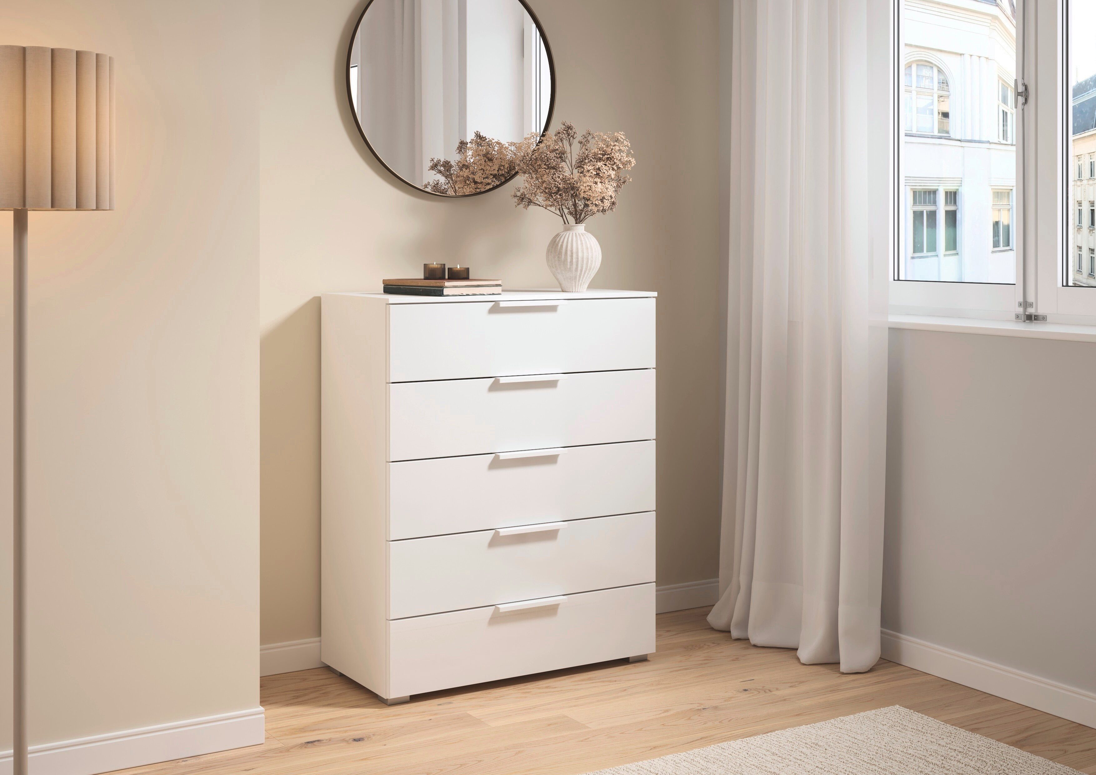 rauch Schubkastenkommode Highboard Sideboard Kommode MONTCLAR Frontauswahl Dekor/Hochglanz/Glas (in 2 Breiten: 40 oder 80 cm / Höhe 100 cm, inkl. Soft-Close-Funktion), mit 5 geräumigen Schubladen, viele Griffvarianten MADE IN GERMANY