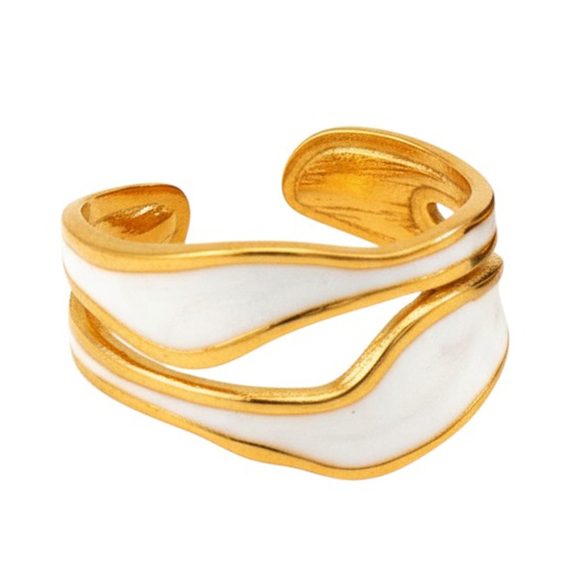 KARMA Fingerring Damenring Gold Weiß od- Schwarz Ring Edelstahl vergoldet (Geschenk Frauen Fingerring geschwungen wasserfest hypoallergen, verstellbar modern Damenschmuck Damen)