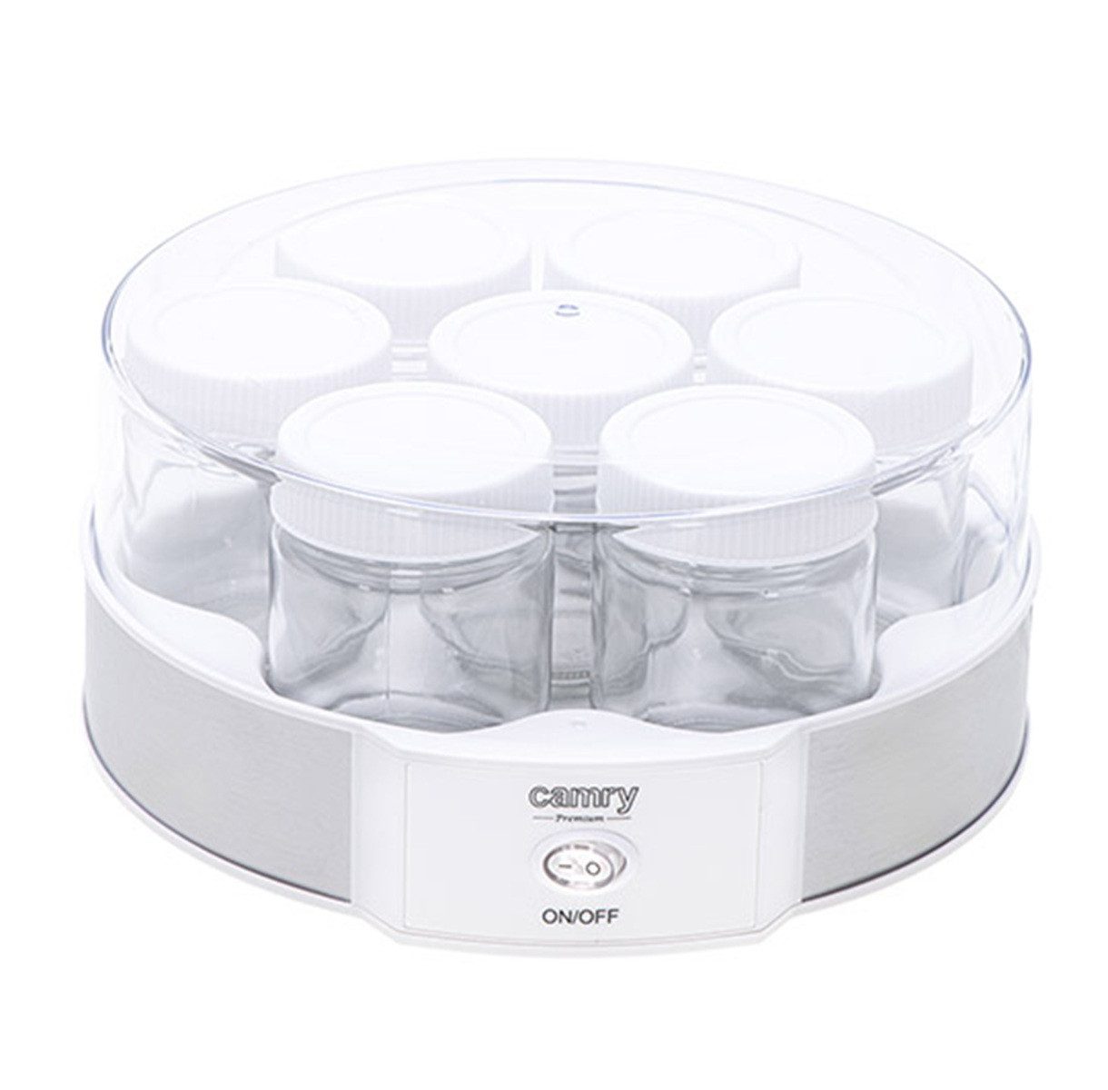 Camry Joghurtbereiter CR 4519 - 7 Glasgefäße mit Schraubdeckel 20 W Weiß/Silber, 7 Portionsbehälter, je 200 ml, Leichte Reinigung der Gläser und Deckel+