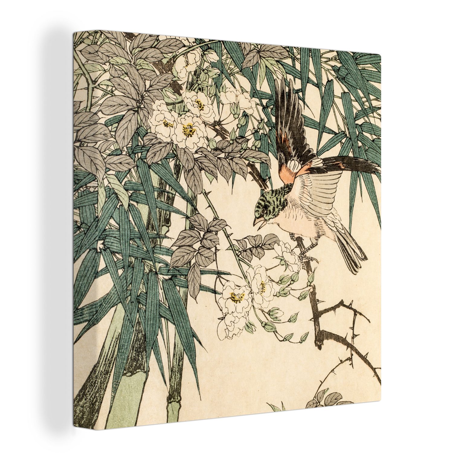 OneMillionCanvasses® Leinwandbild Roter Vogel im Bambus, (1 St), Leinwand Bilder für Wohnzimmer Schlafzimmer