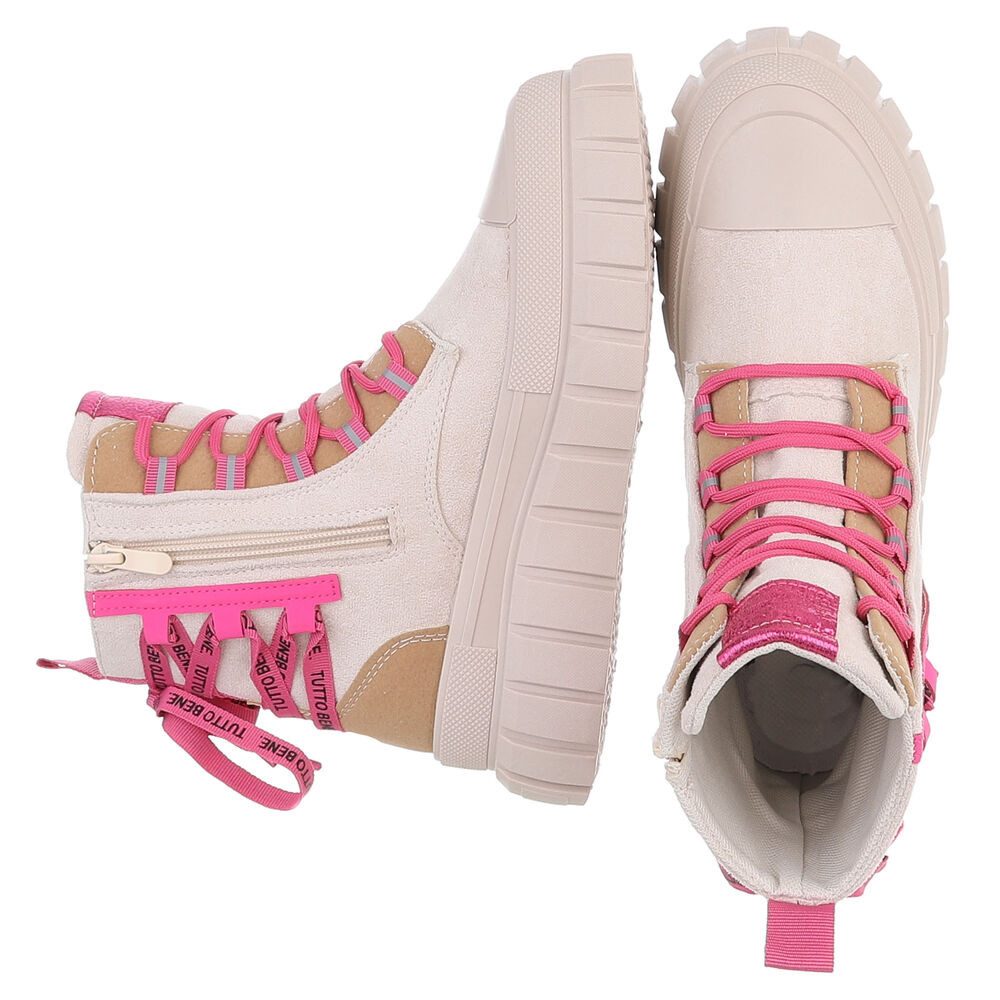 Ital-Design Damen Plateau-Bootie mit Schnürung und Riemen-Details Schnürstiefelette (92078921) Keilabsatz/Wedge Sneakers High in Beige