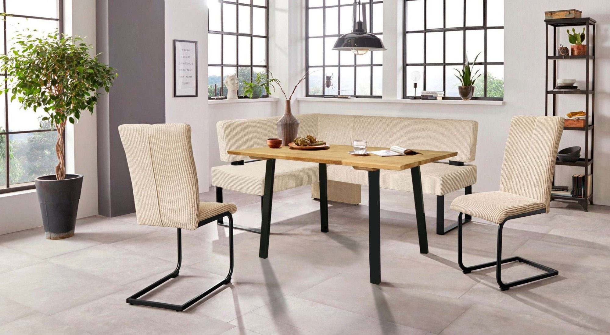 OTTO home Eckbankgruppe Oliver, (Set, 4-tlg., 4-tlg), Eckbank mit Wellenunterfederung im Sitz, Tisch Massiv Eiche