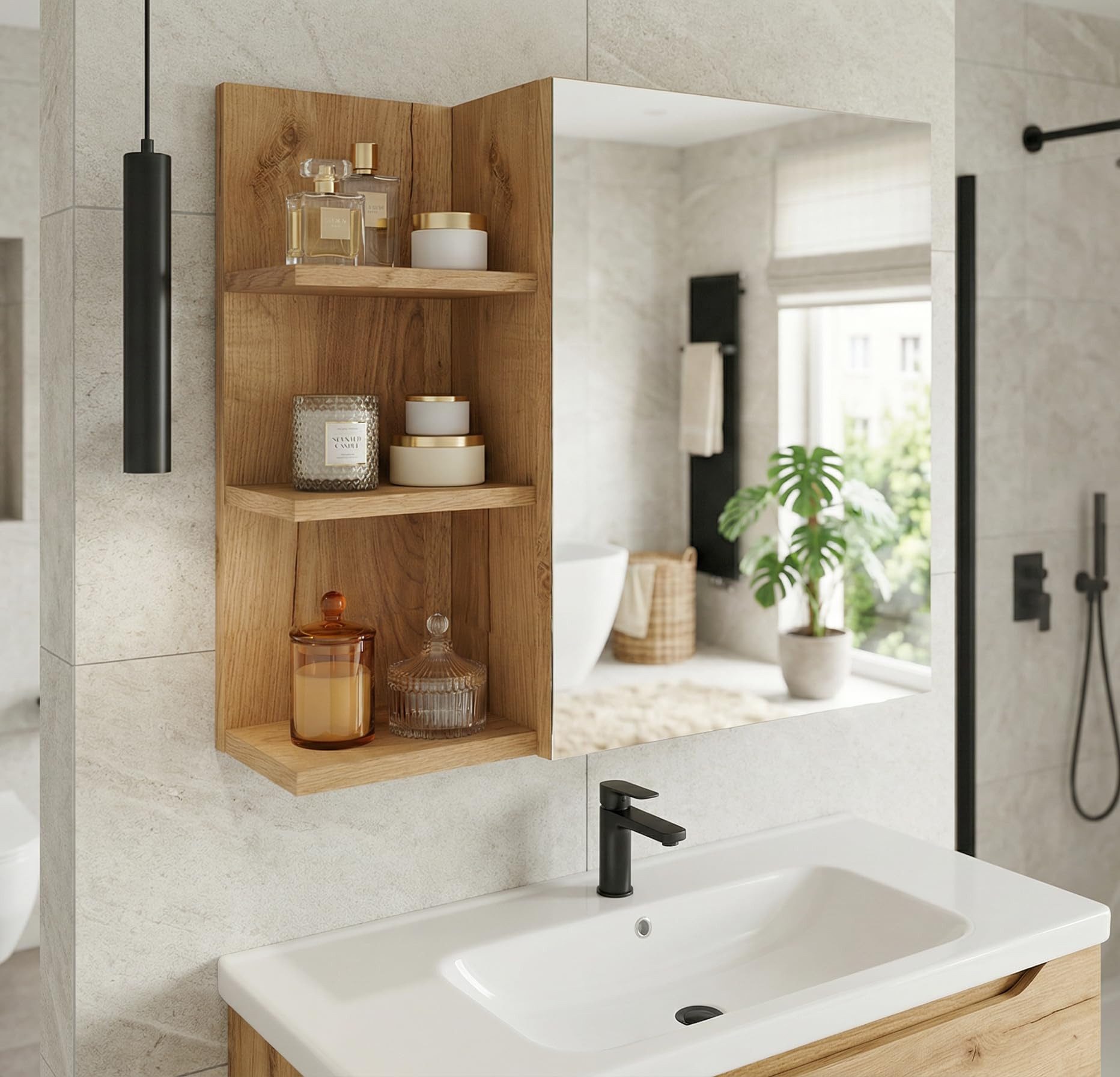 TREND WERK Spiegelschrank Badezimmer mit Ablage & Stauraum (59×16×50 cm Hängender Badezimmerschrank zur Wandmontage mit Regal) – modern & pflegeleicht – Bild 5 von 5