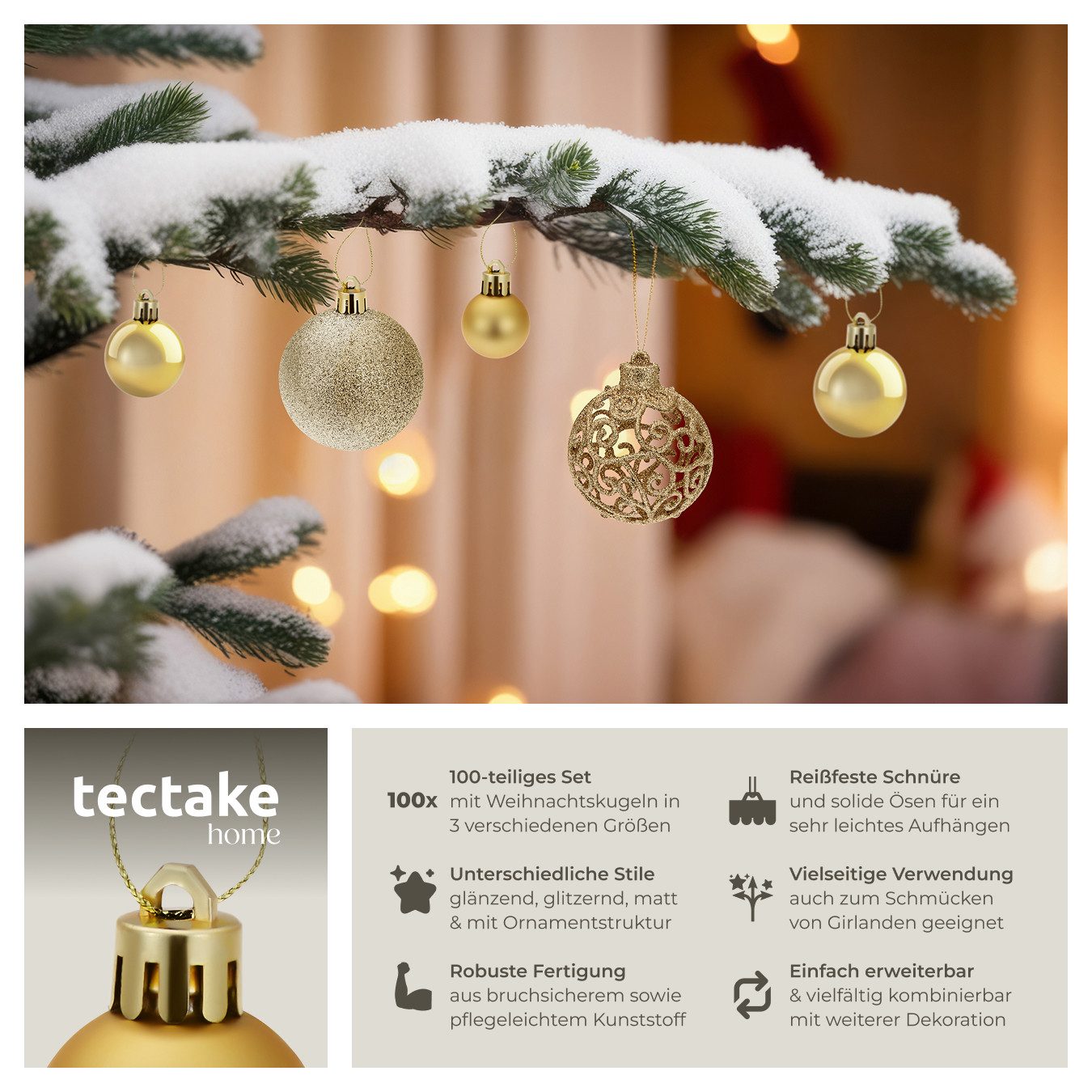 tectake Weihnachtsbaumkugel Weihnachtskugeln (1 St), 100er-Set in Gold