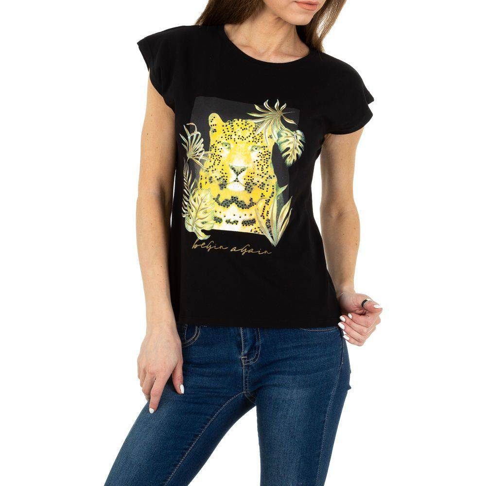 Damen Shirts Ital-Design T-Shirt Damen Freizeit Print Stretch T-Shirt in Schwarz