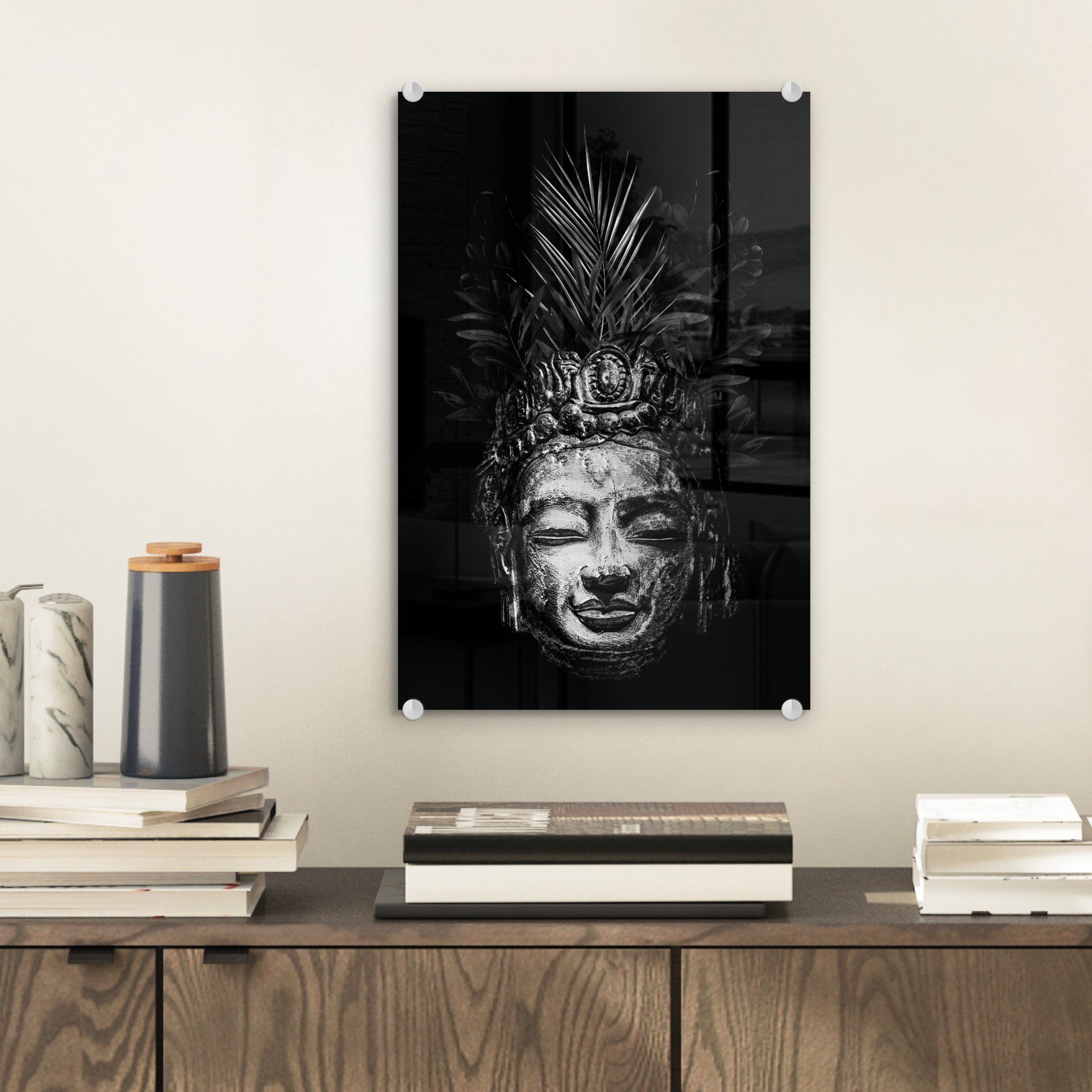 (1 auf MuchoWow - Hintergrund eines weiß, Foto Wanddekoration Glas Blättern bunt mit St), Acrylglasbild auf schwarz Glasbilder Wandbild - Buddhas im und Glas Kopf - - Bilder