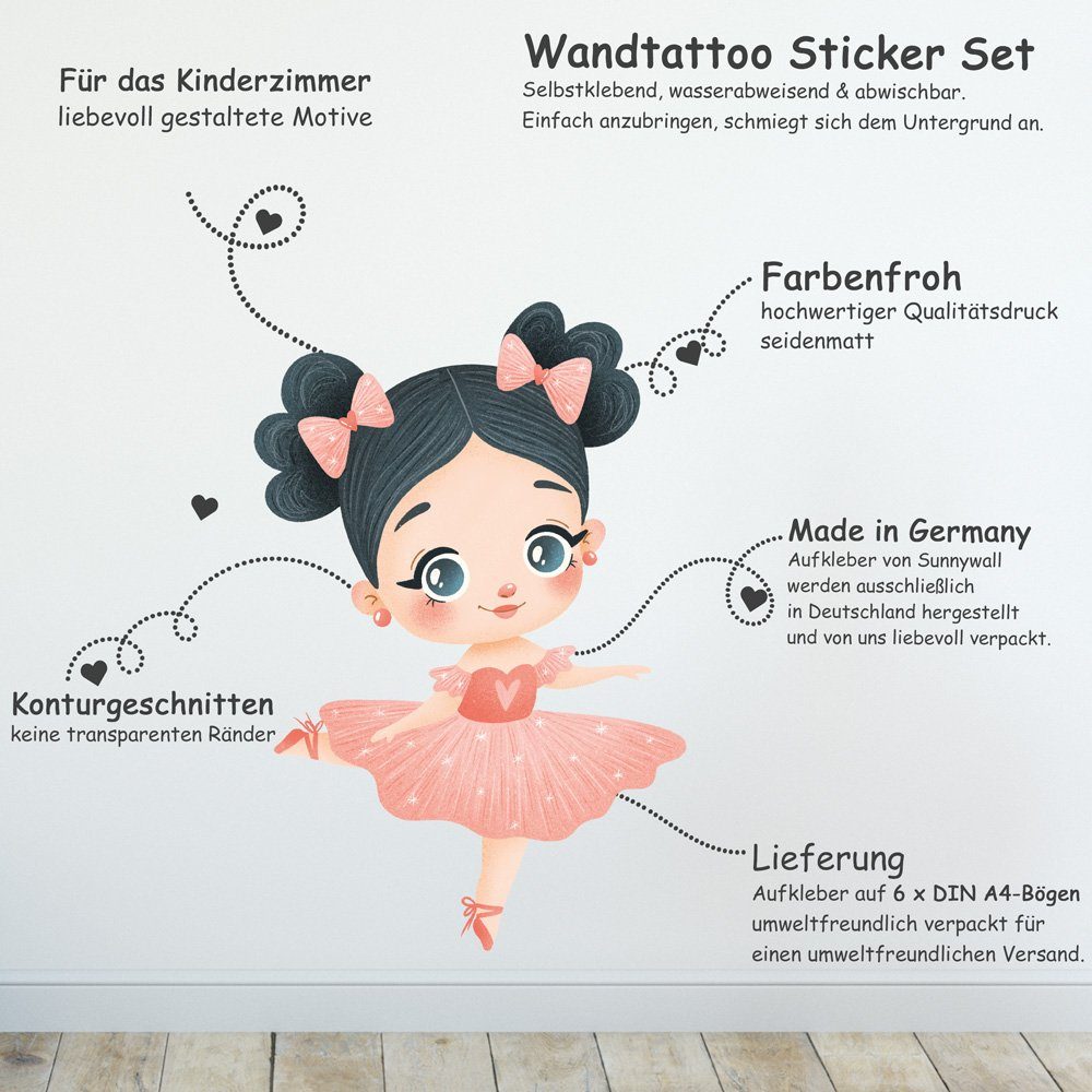 Sunnywall Wandtattoo Ballerina - Wandtattoo Kinderzimmer Baby Wandaufkleber (6 St), konturgeschnitten