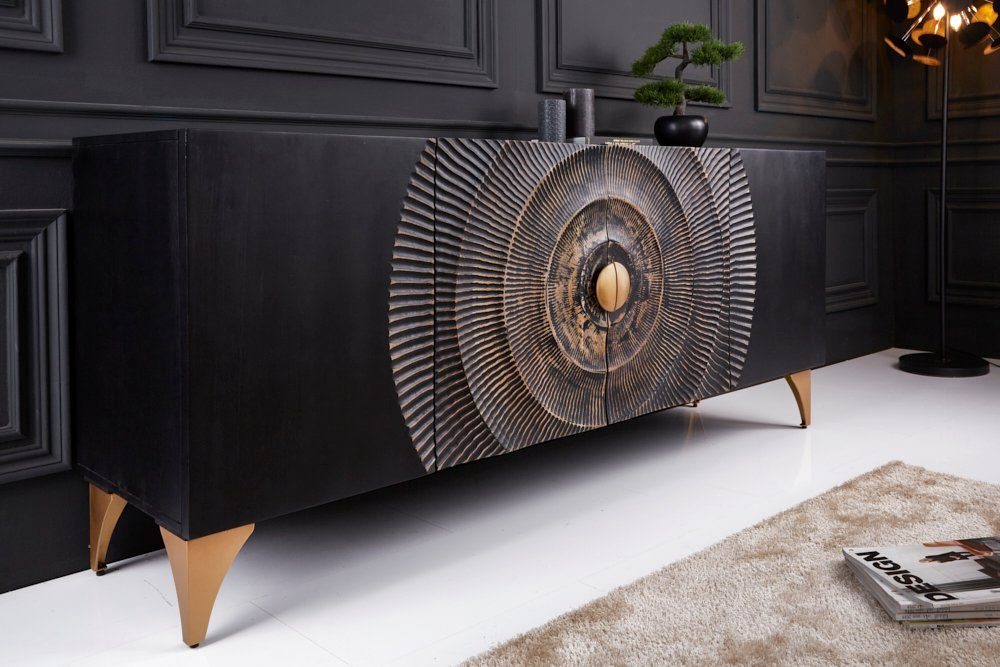 riess-ambiente Sideboard GOLDEN SUNSET 180cm schwarz / gold (Einzelartikel, 1 St), Massivholz · Metall · Kommode · 3D Front · Wohnzimmer