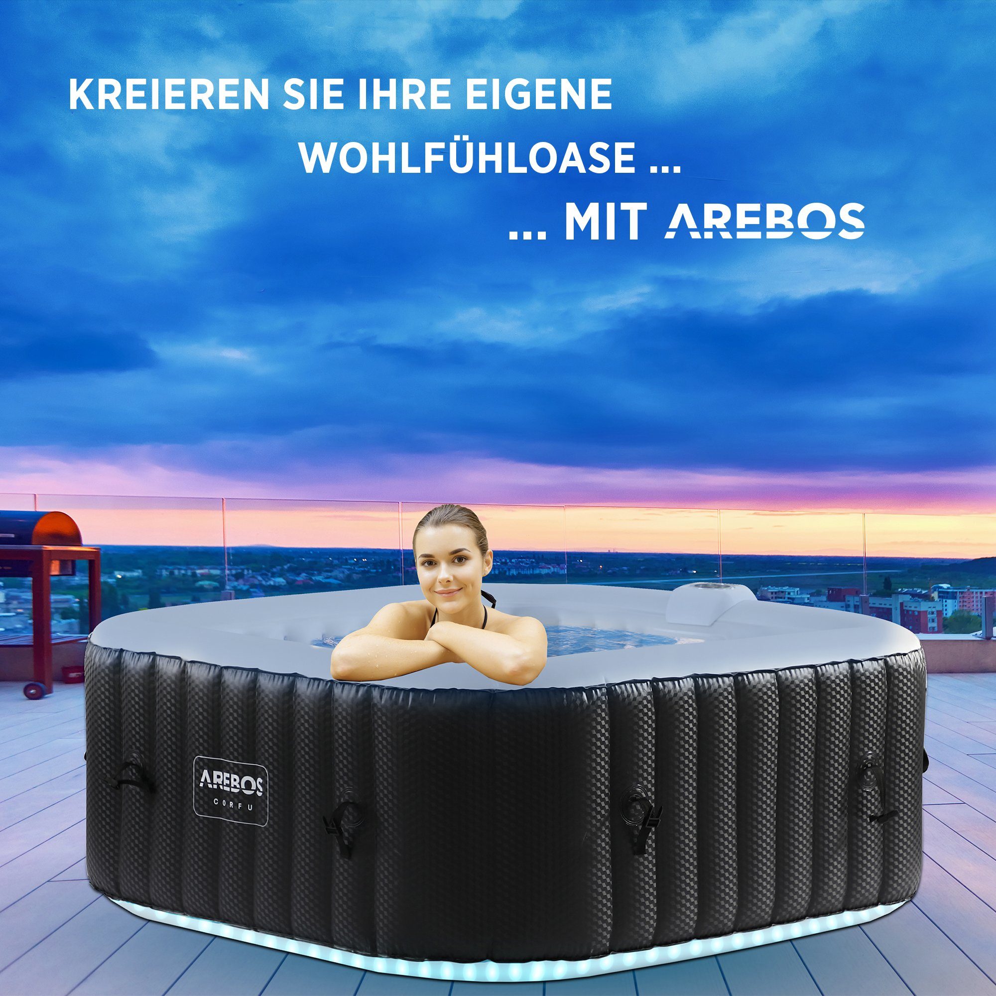 Arebos Whirlpool CORFU & TENERIFE Aufblasbar für 4 oder 6 Personen mit 100/130 Düsen, (Komplett-Set, LED-Beleuchtung), Für Outdoor & Indoor