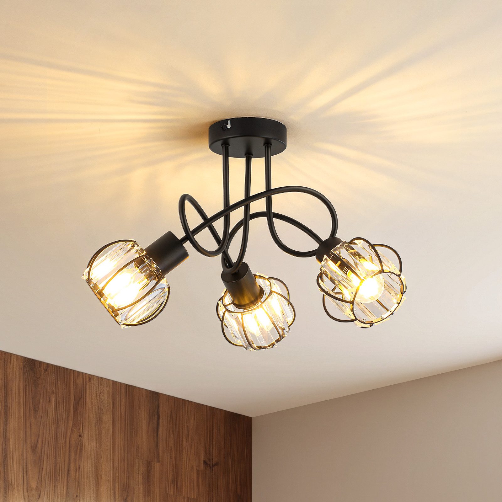 BlingBin Deckenstrahler Kristall 3-flammig, E14 Deckenleuchte 46 cm, modernes Schwarz Eisen, ohne Leuchtmittel, Deckenlampe Deckenspot für Küche, Schlafzimmer, Wohnzimmer