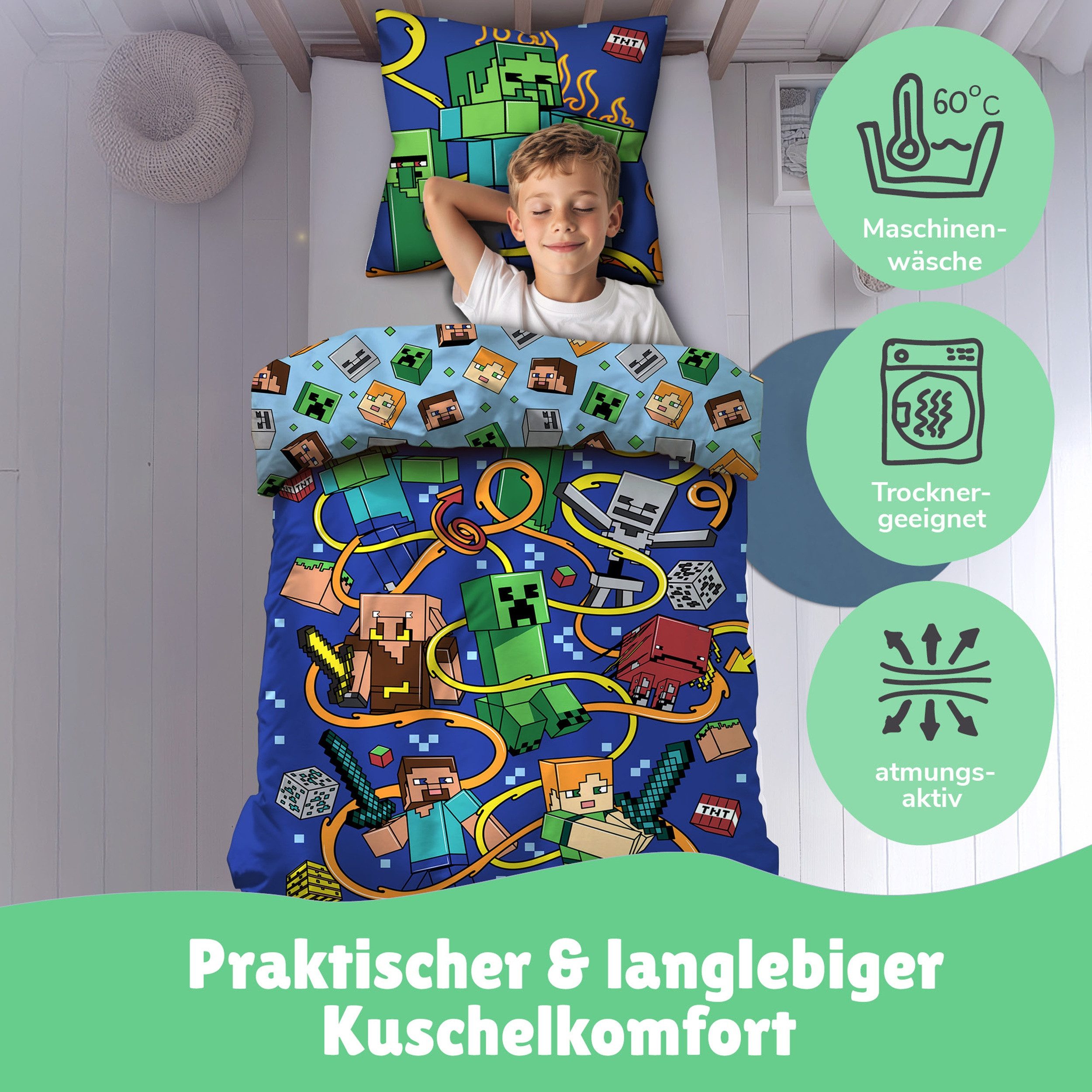 Familando Kinderbettwäsche Minecraft Slurp 135x200 80x80 cm aus 100% Baumwolle mit Reißverschluss, Renforcé, 2 teilig, mit Wendeseite und Schriftzug