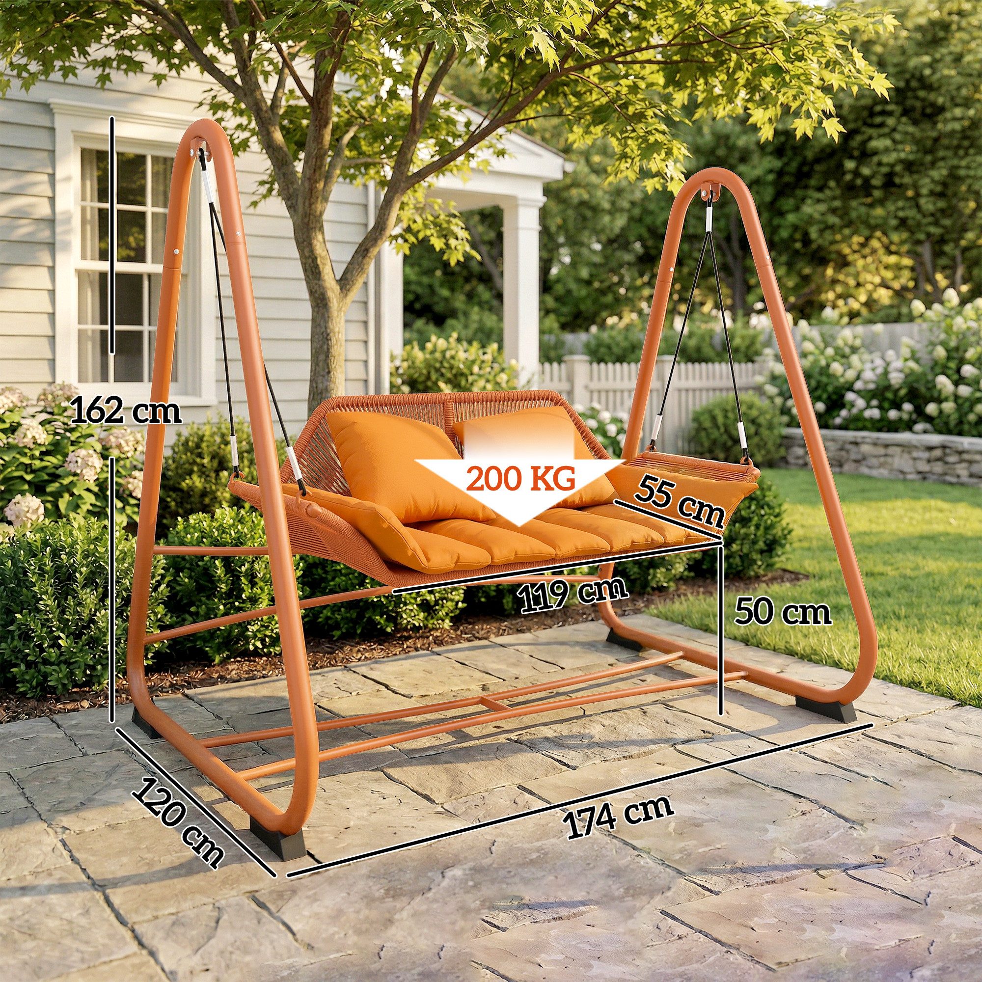 Outsunny Hollywoodschaukel mit Kissen, Gestell, 2-Sitzer, Schaukelfunktion, Gartenschaukel, 1 tlg., Hängeliege, für Garten, Balkon, 174 x 120 x 162 cm, Metall, Terrakotta