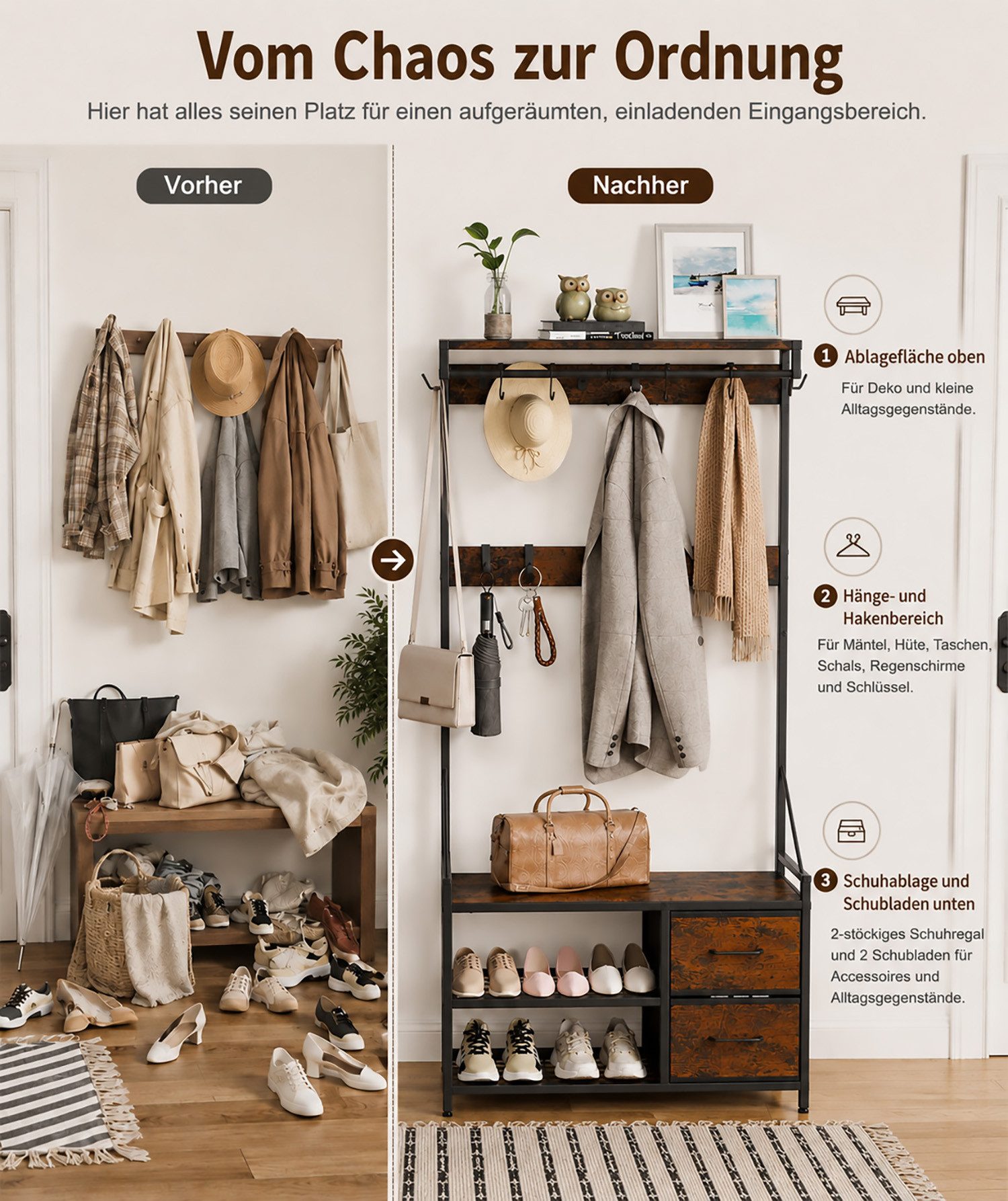 Yorbay Kleiderständer Garderobenständer mit Schuhregal & Sitzbank – 17 Haken, 2 Schuhreihen, (80x30x180 cm), 2 Stoffschubladen,Flurgarderobe für Diele, Wohnzimmer