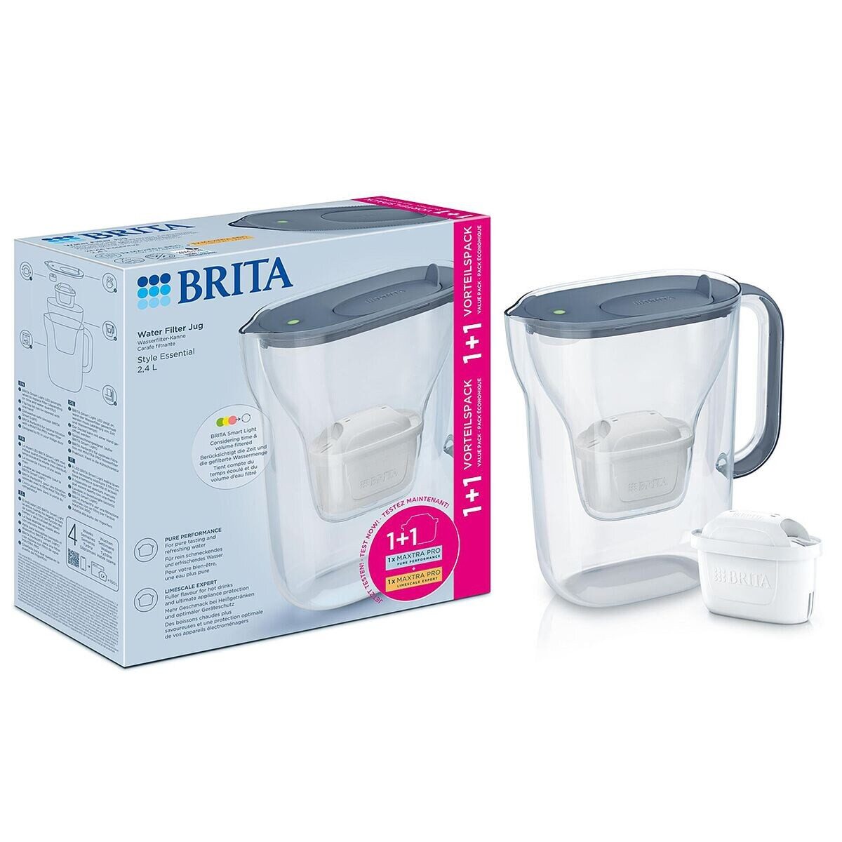 BRITA Wasserfilter Style Essential Steinblau, Wasserfilter-Kanne inkl. 2x Filter