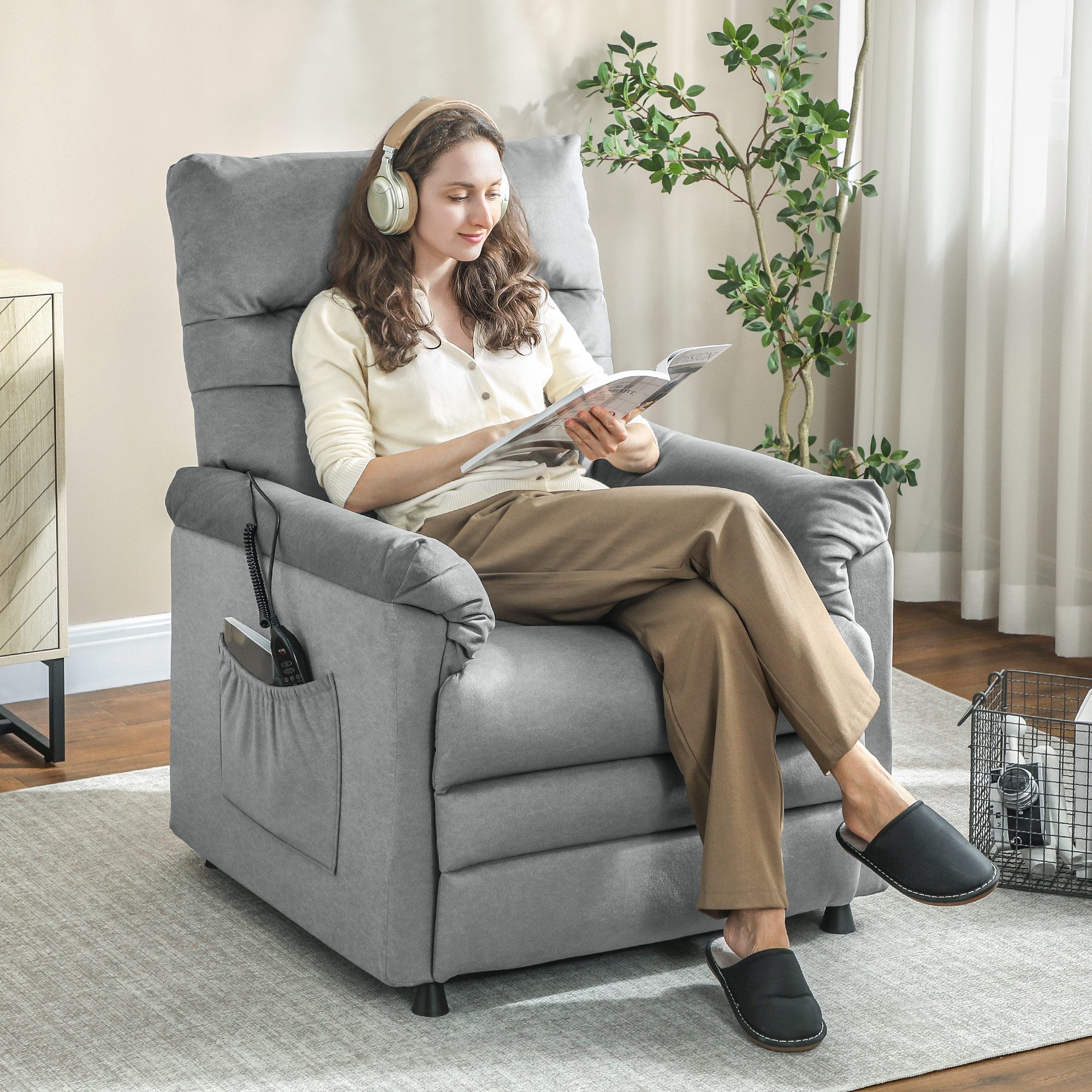 HOMCOM Massagesessel Relaxsessel, Heizung, TV-Sessel, Kratzfeste Samtoptik, Grau (Fernsehsessel mit Liegefunktion, 1-St., TV Sessel), Leise, stufenlos elektrisch verstellbar, 8-Punkt-Massage
