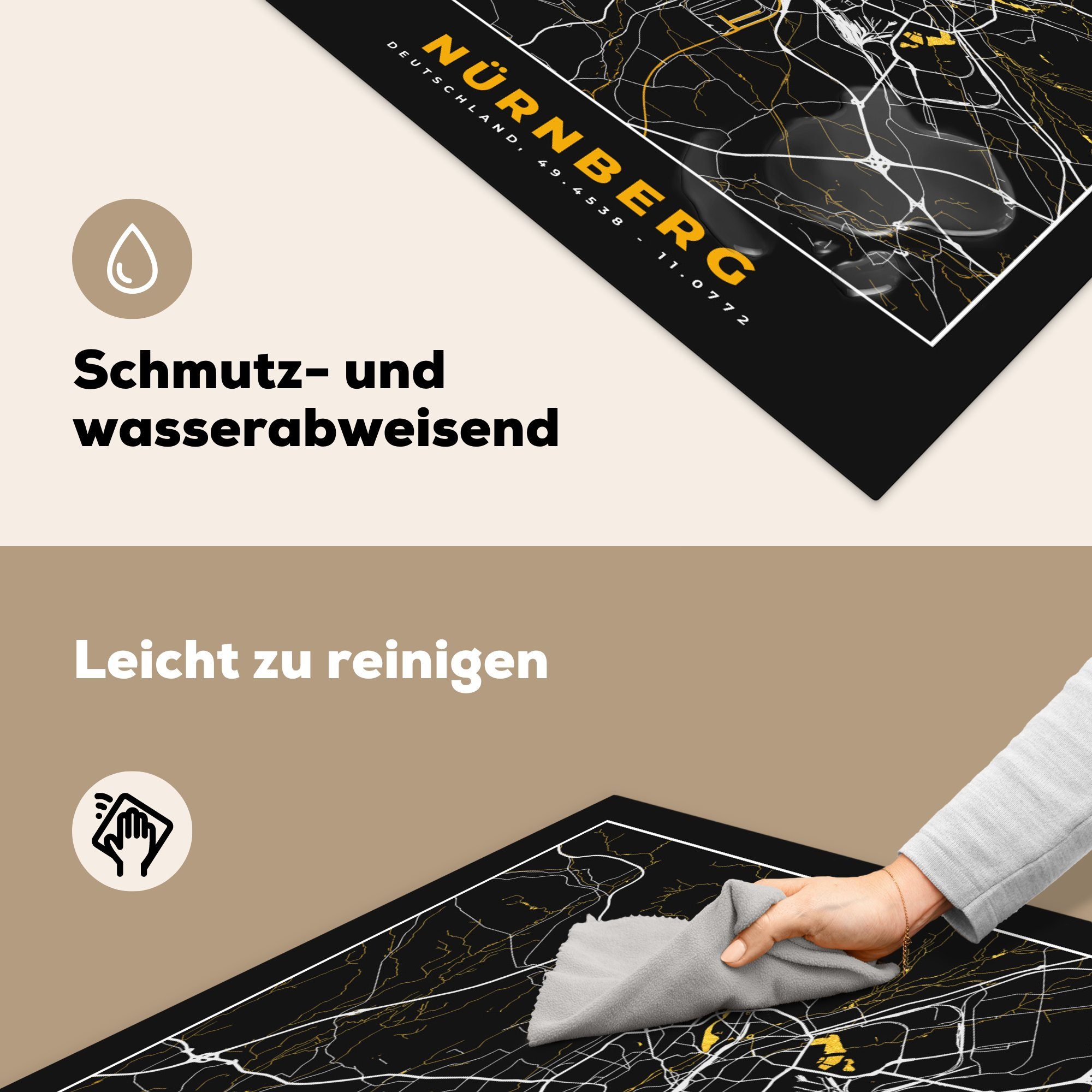 MuchoWow Herdblende-/Abdeckplatte Nürnberg - Stadtplan Ceranfeldabdeckung, Arbeitsplatte Vinyl, Gold - (1 für - Karte cm, tlg), Deutschland, 78x78 küche 