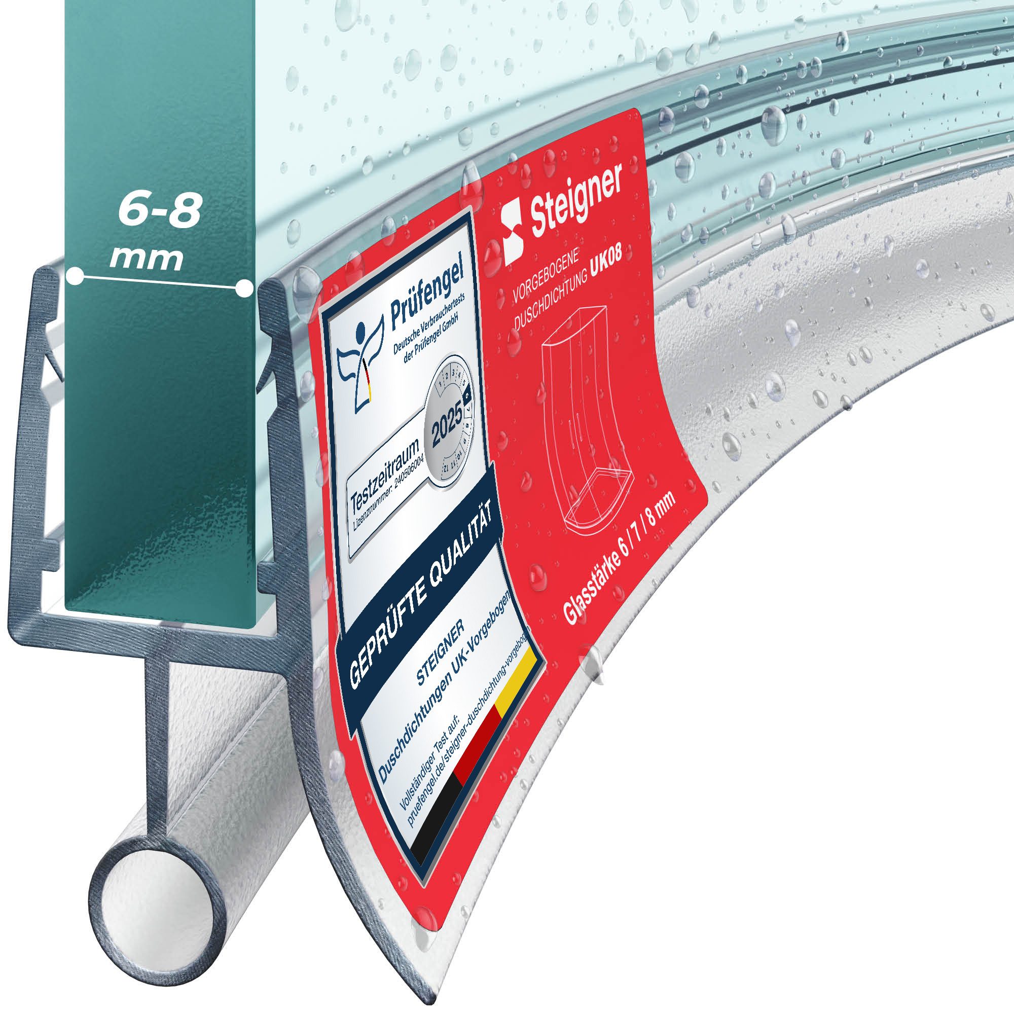 STEIGNER Duschdichtung Duschtürdichtung gebogen UK08 30 cm (1 Stk) Transparent 6-8 mm, L: 30 cm, (1 Stück Packung, Einzeldichtung), Duschdichtung Runddusche oder Duschkabine Viertelkreis mit Duschtür