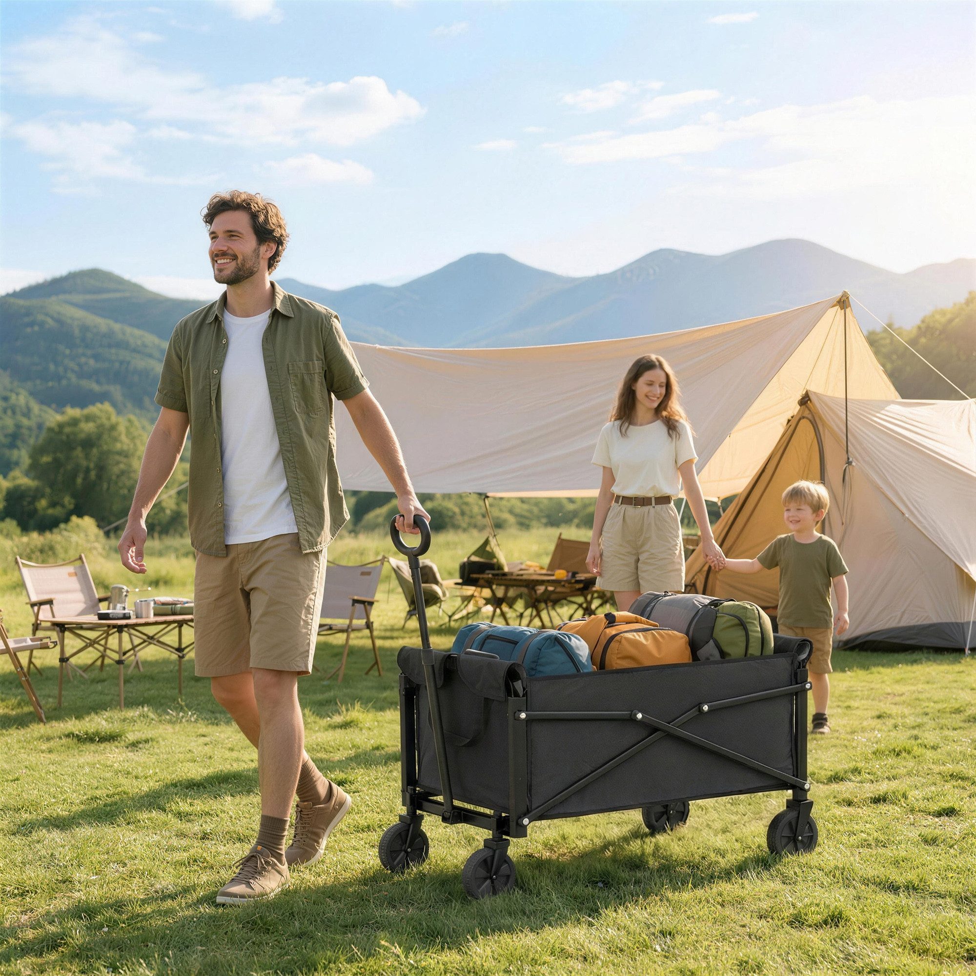 Outsunny Fahrradlastenanhänger Gartenwagen 50 kg Balstbar Transportwagen mit Bremse Bollerwagen, Faltbar, abnehmbare Räder, Tragegriff