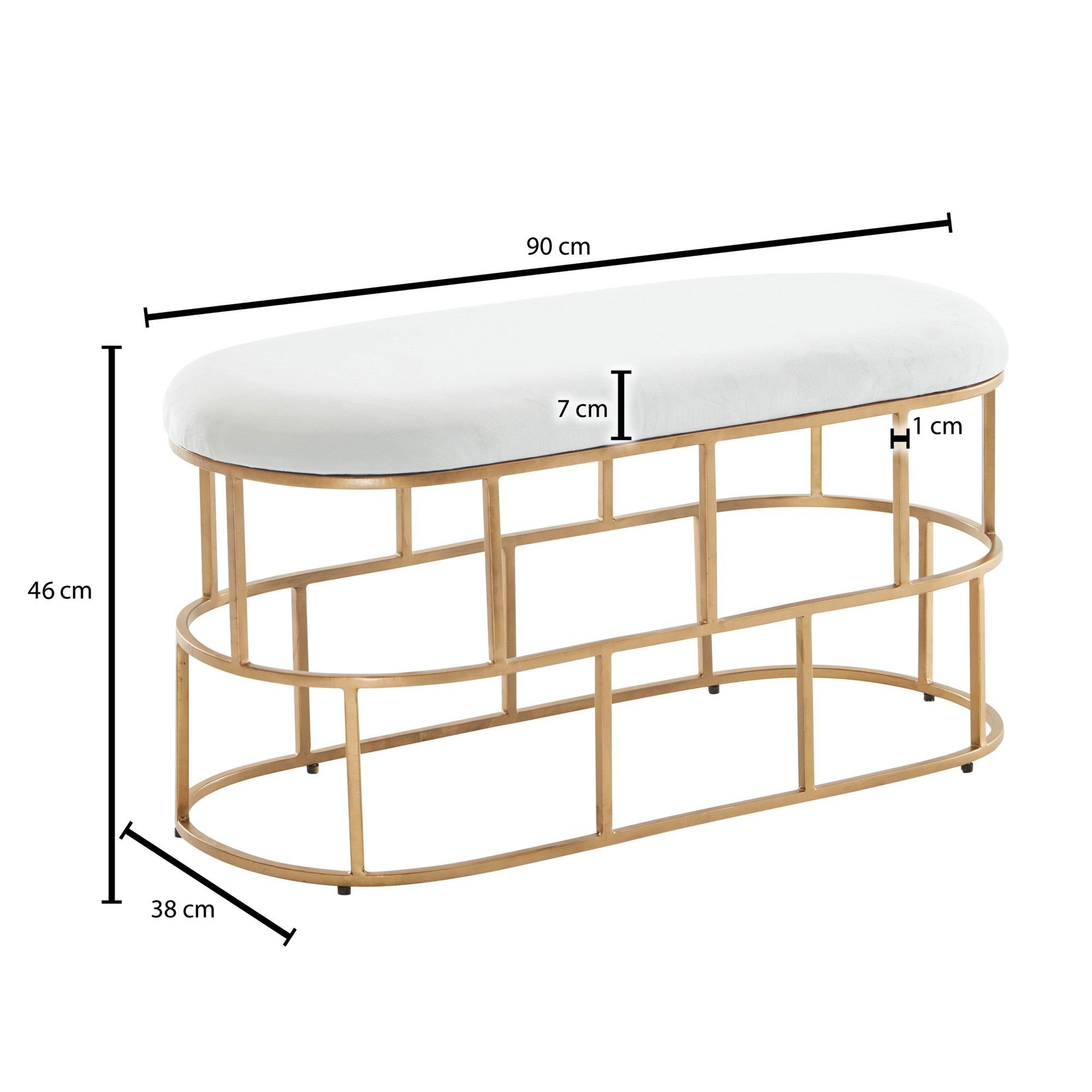 Schlafzimmer, Gold (Samt Wohnling Bettbank Design Polsterbank), Weiß Flur WL6.622 cm, 90x46x38 Garderobenbank Polsterbank /