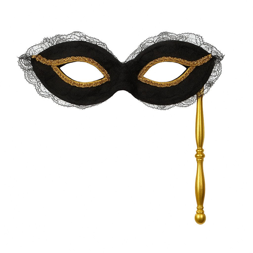 Widmann S.r.l. Verkleidungsmaske Domino Maske schwarz-gold mit Stab Kostümaccessoire, Elegant, geheimnisvoll, glamourös