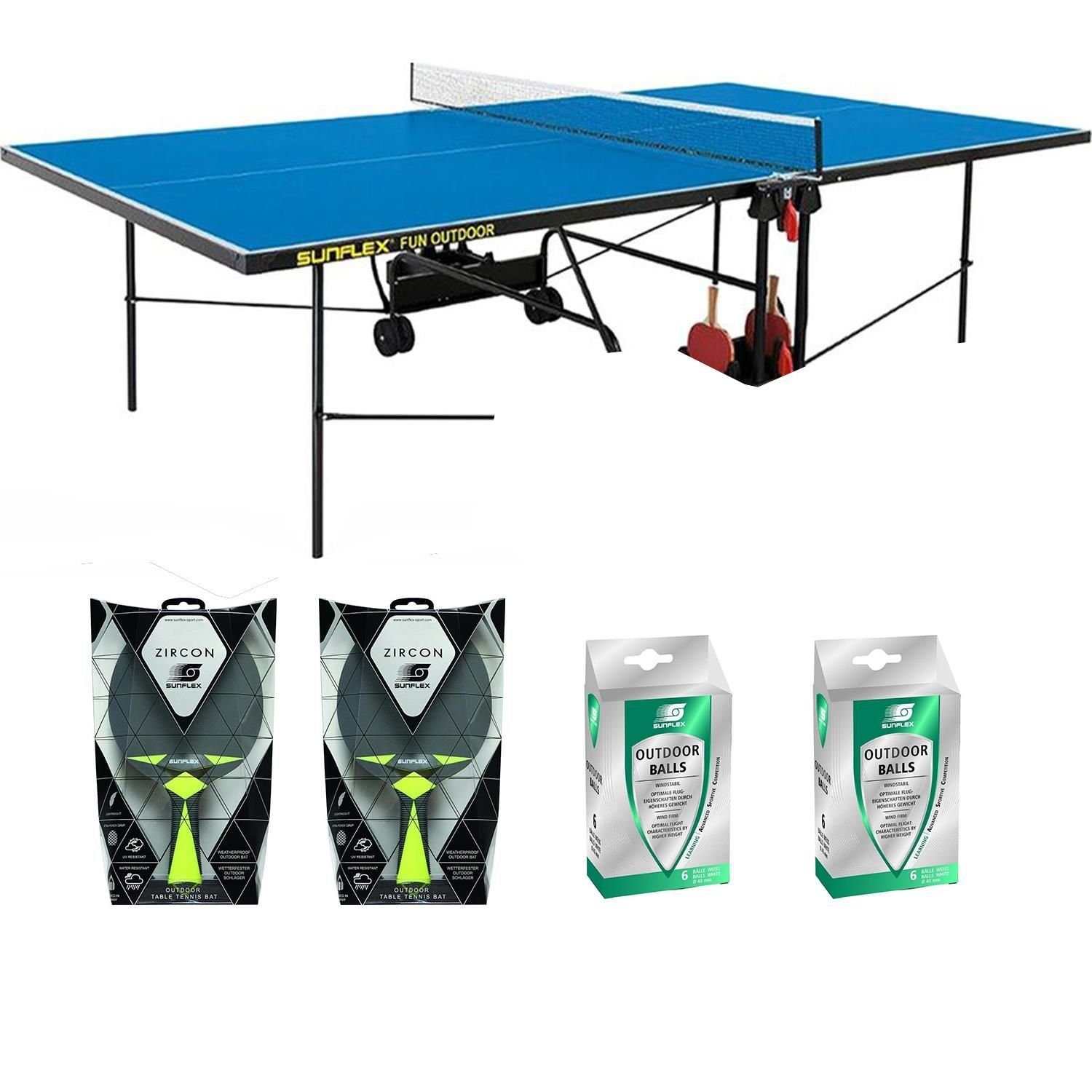 Sunflex Tischtennisplatte Outdoor blau + Netz + Schläger + Bälle