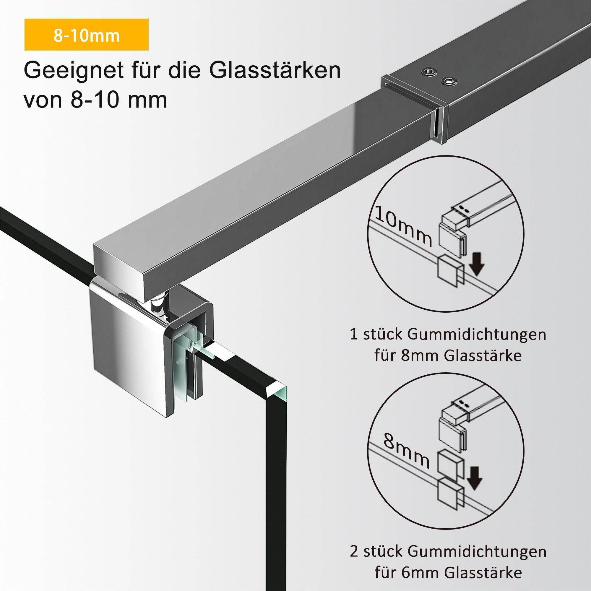 Hopibath Duschwand-Stabilisationsstange Chrom Schwarz für 8-10mm haltestange duschwand 73-123cm 360° Drehbar, (Stabilisator, rechteckig), für Duschabtrennung Duschwand Walk In Dusche