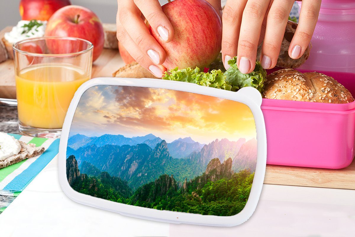 MuchoWow Lunchbox Kinder, Natur, Berge Mädchen, Kunststoff Kunststoff, für - Erwachsene, - Snackbox, - Sonnenuntergang Bäume Brotbox (2-tlg), Brotdose rosa