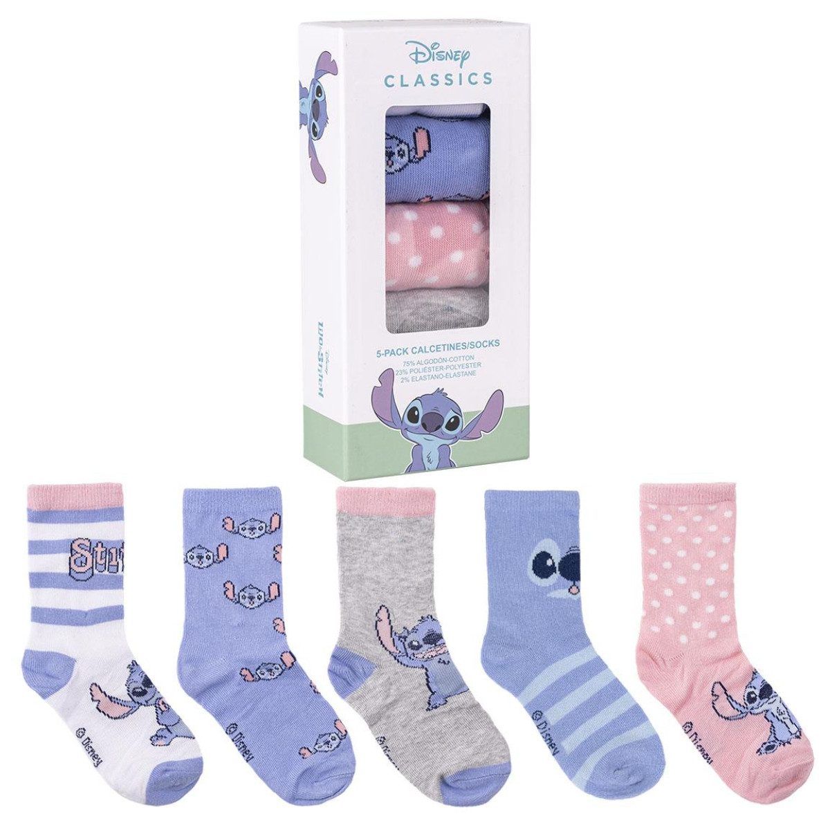 Cerda Langsocken Disney Stitch Socken 5 Paar weiche Baumwoll-Mischung Socken für Unisex