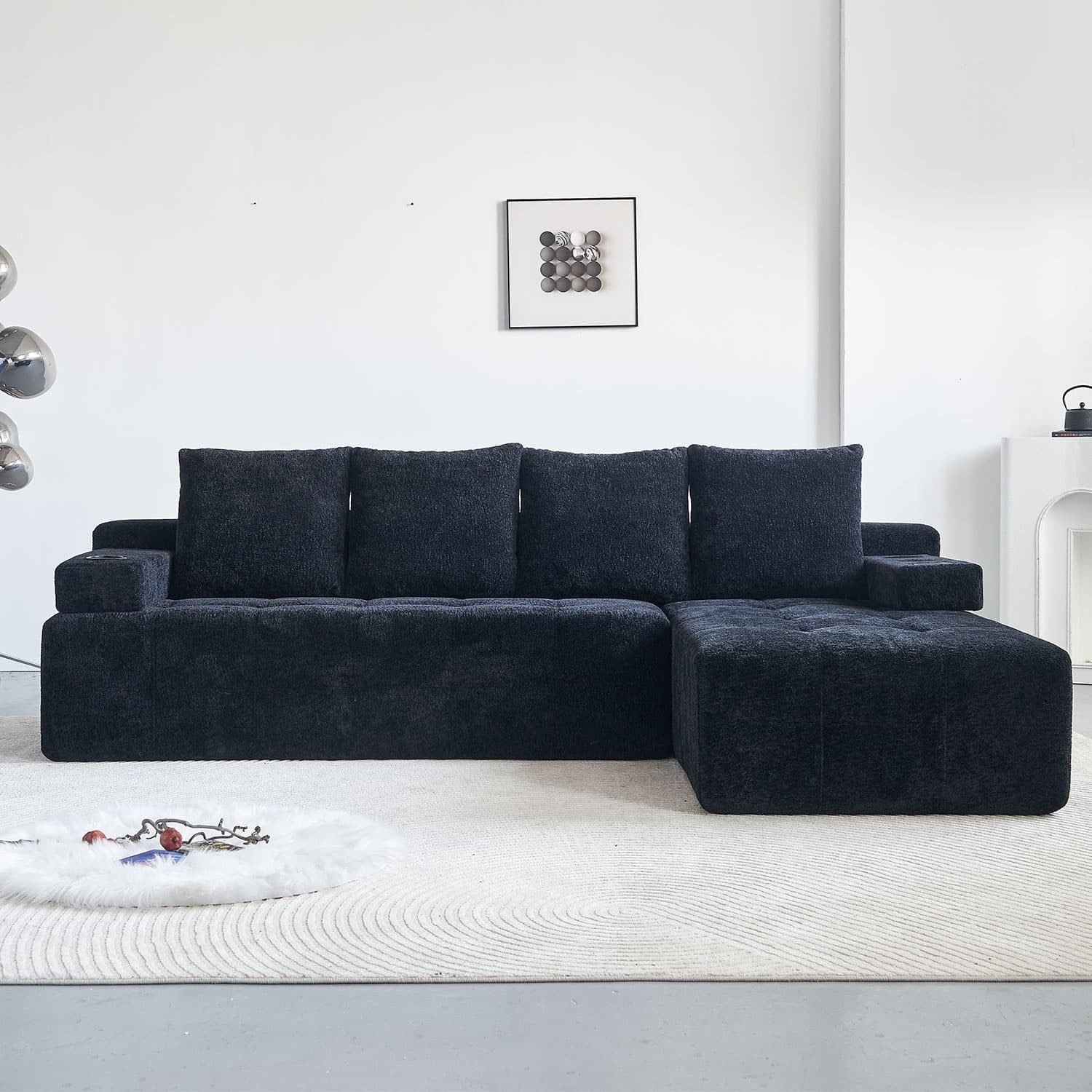 autolock Big-Sofa Chenille-L-Form moderner Sitzsofa mit umkehrbarer Chaise-Lounge, minimalistisches Design,Seitenfach,2 Tassenhalter,bequeme Sitzposition
