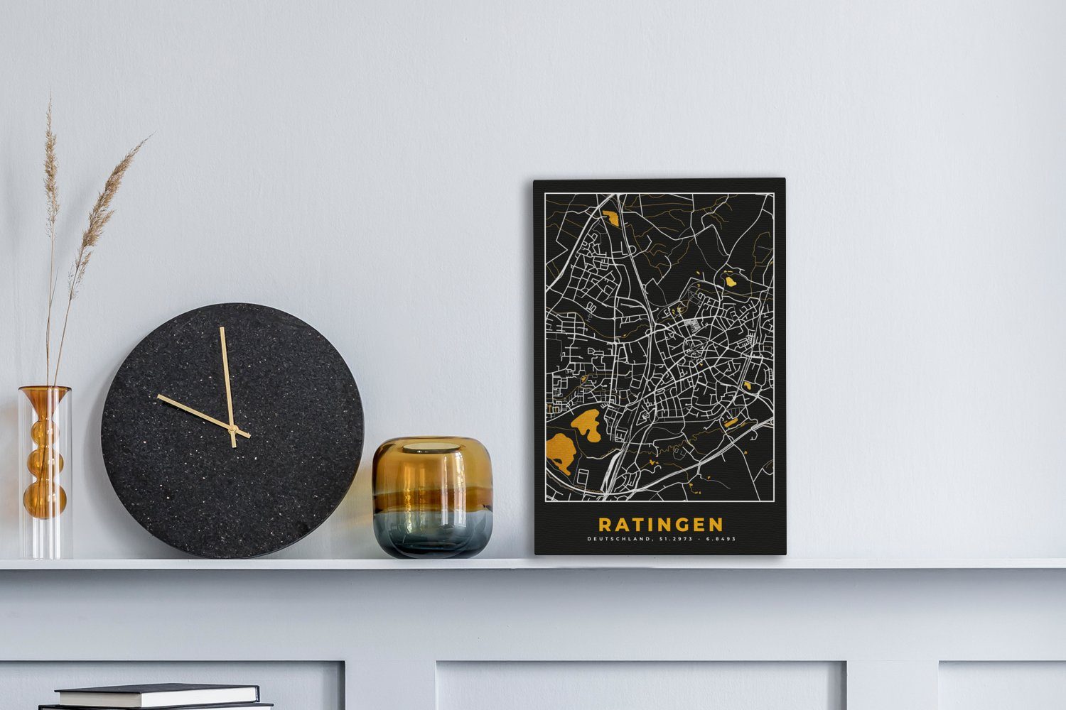 Leinwandbild Schwarz Zackenaufhänger, Karte, bespannt Gold OneMillionCanvasses® - Stadtplan cm Ratingen 20x30 - (1 Deutschland und - St), inkl. - Gemälde, fertig Leinwandbild