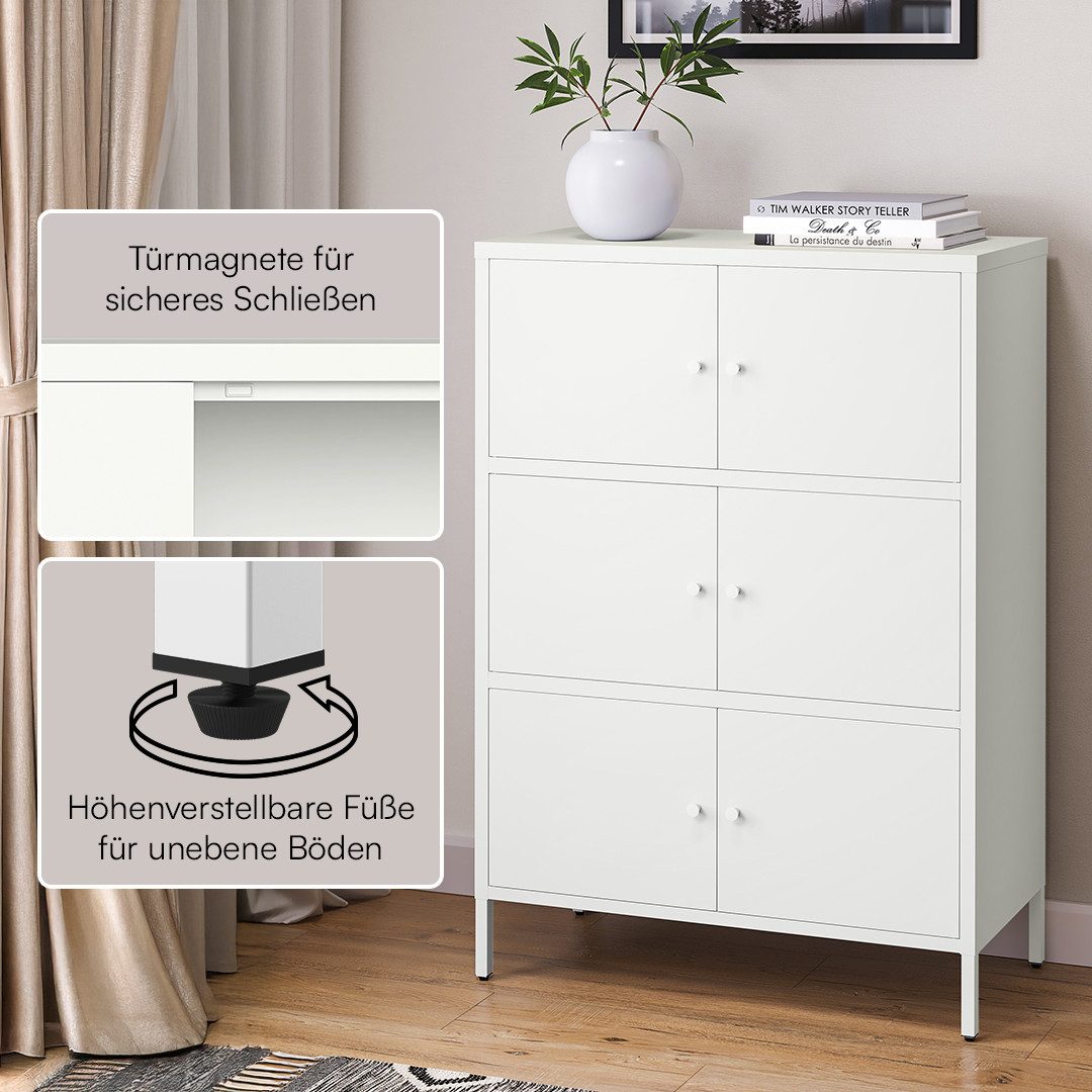skølm Kommode Atriona aus Metall (Weiß, 3 Fächer & 6 Türen), Metallschrank 113,5 x 80 x 38 cm, auch verfügbar mit 2 Fächern