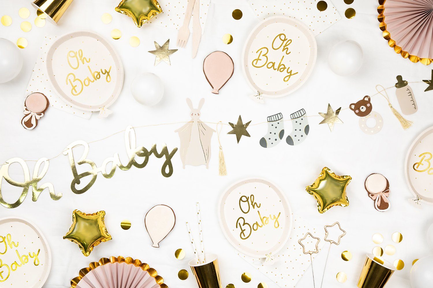 partydeco Pappteller, Pappteller Oh Baby 17,5x22cm 6er Set creme gold