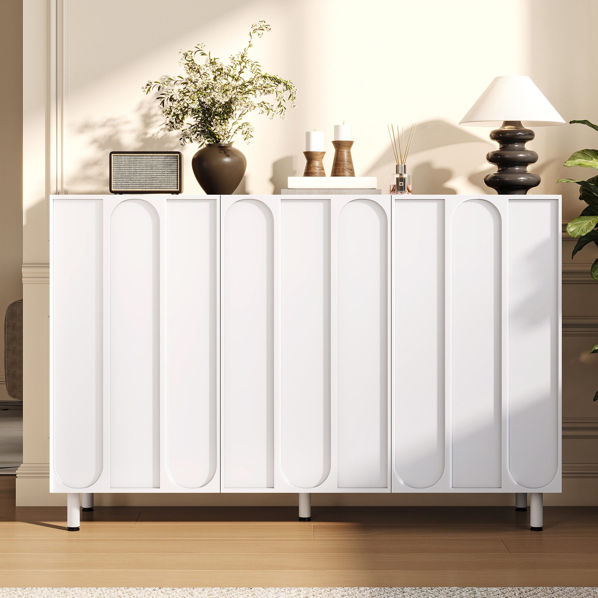 Merax Sideboard mit 3 Türen, verstellbaren Einlegeböden & Metallfüße (Stauraumschrank Anrichte, 1 St), 2-in-1 Kommode mit Soft-Close-Scharnieren, 120Lx37Bx80Hcm