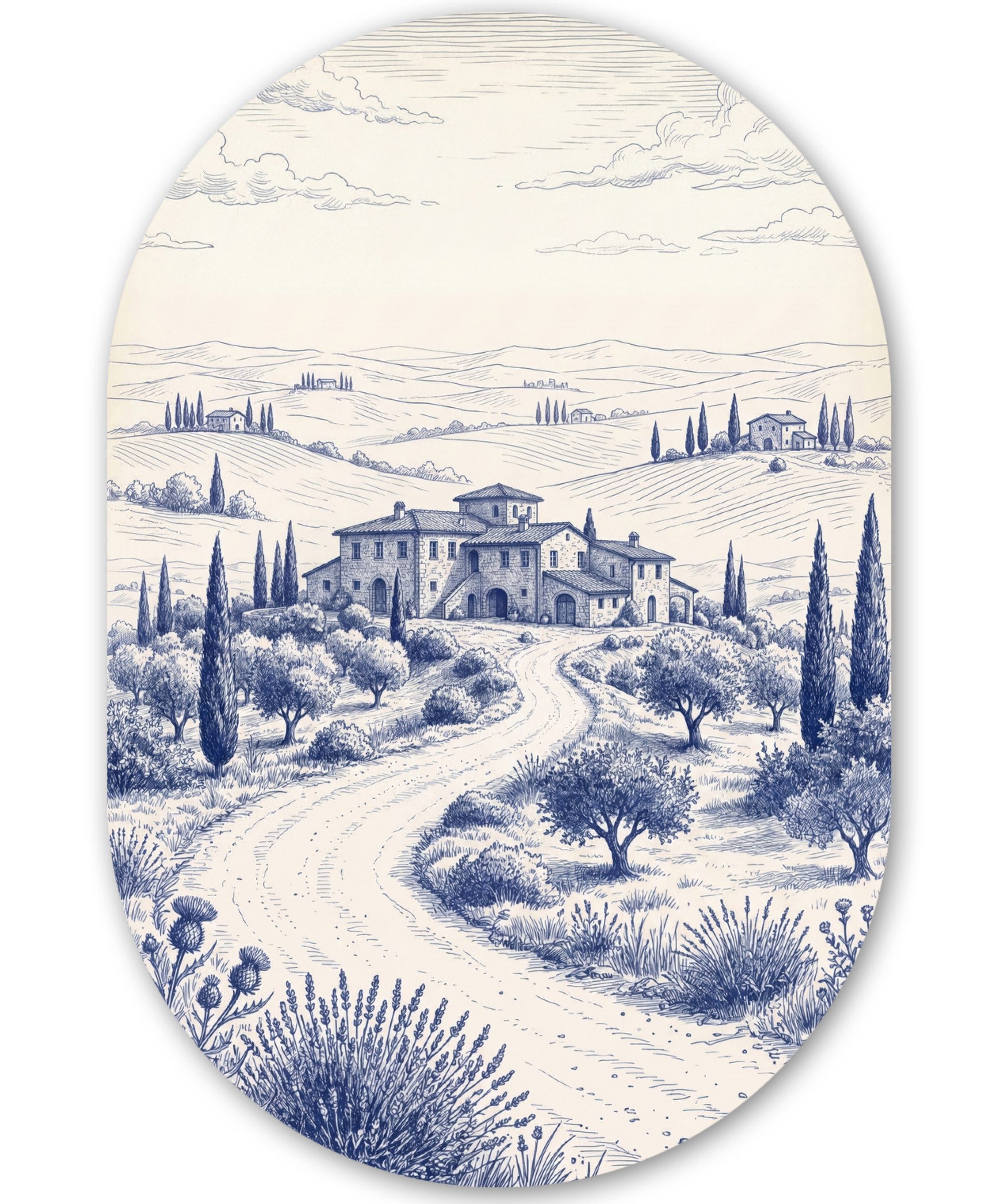 MuchoWow Gemälde Rustikal - Anwesen - Blau, Fotodruck (1 St), Wandbild Oval, Wohnzimmer oder Schlafzimmer Wanddekoration, 40x60 cm