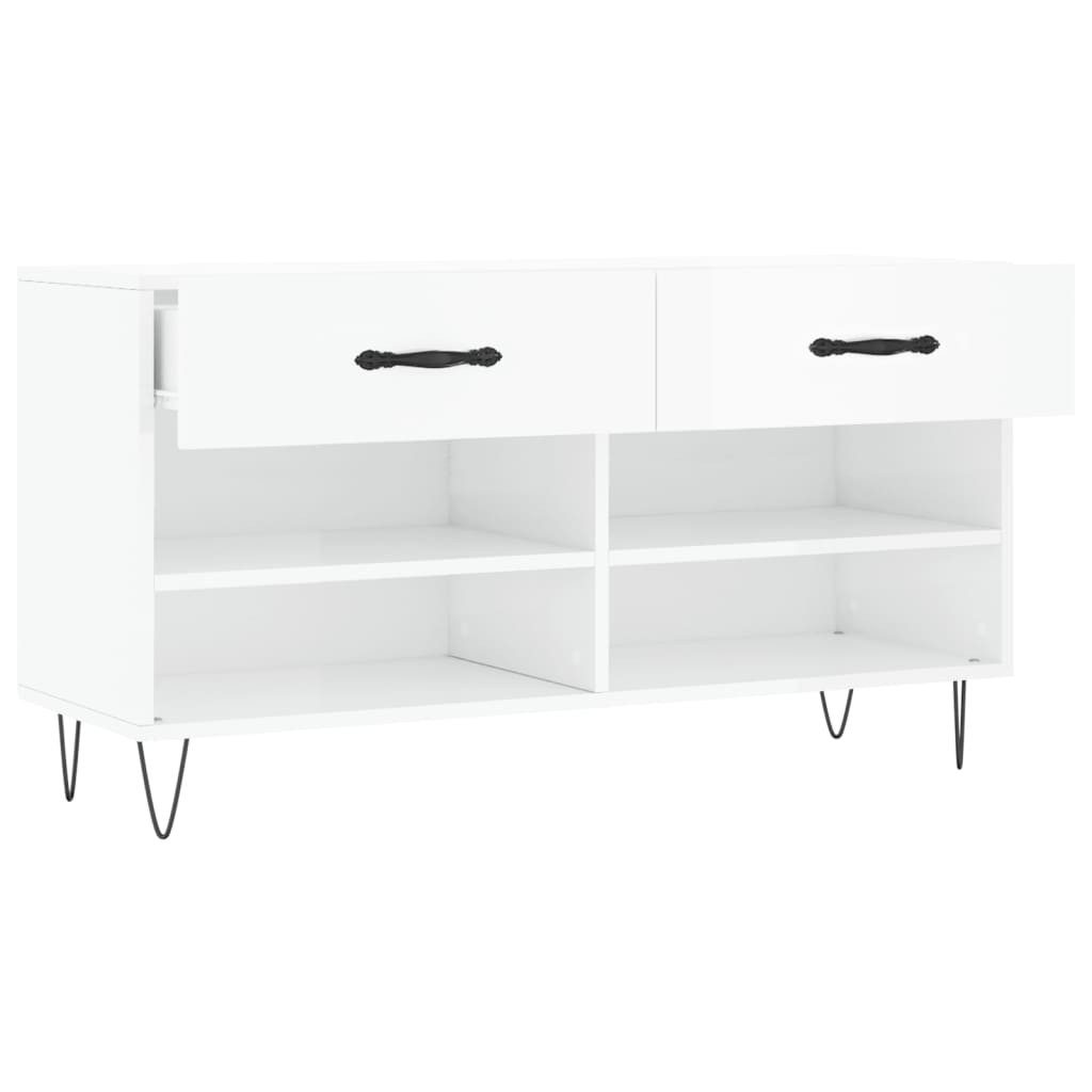 furnicato Schuhbank Hochglanz-Weiß 102 x 35 x 55 cm mit Eisenbeinen (1-St), Sitzbank mit 2 Schubladen, 4 Fächern und stabiler Oberplatte