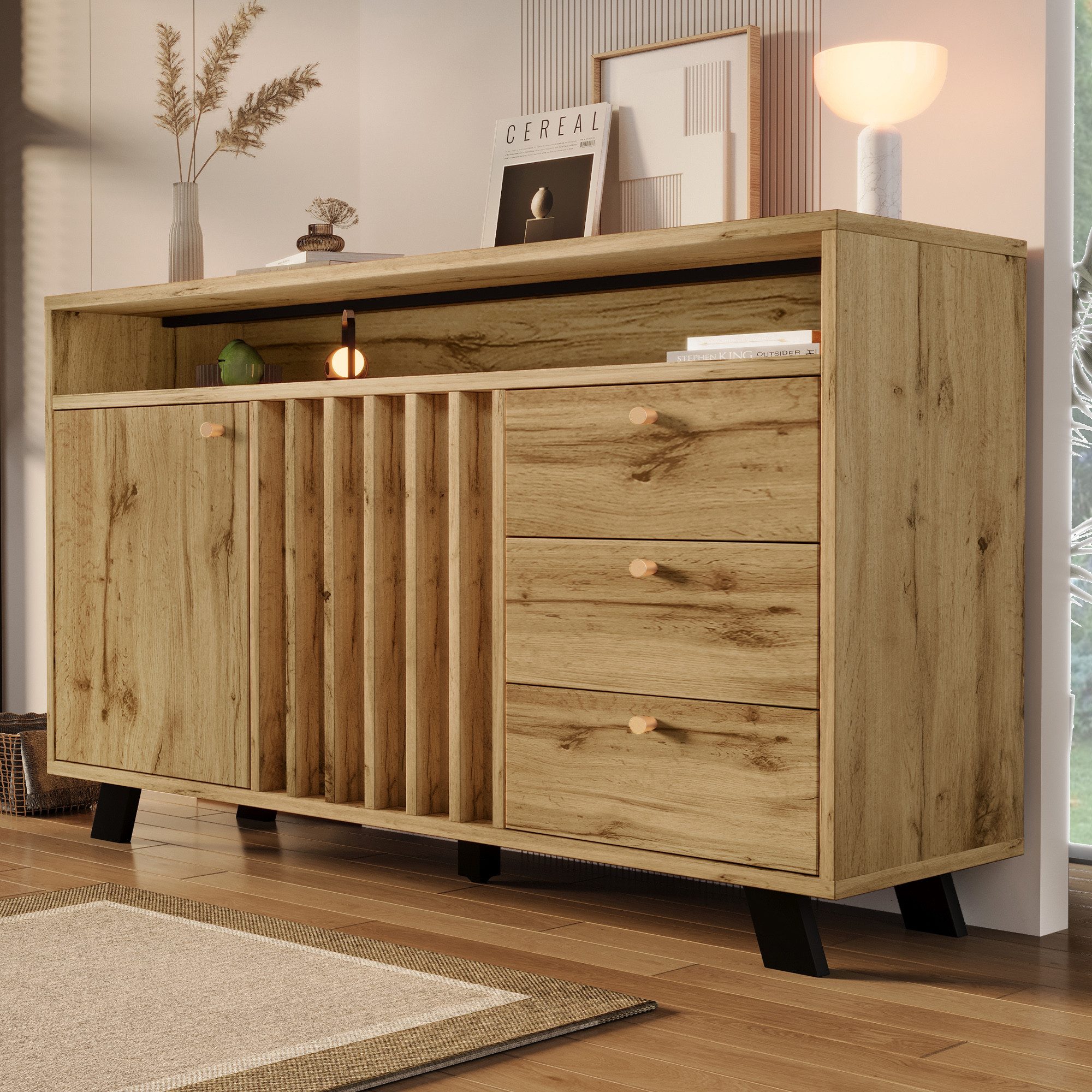 Flieks Kommode mit 3 Schubladen, 2 Türen und verstellbarer Ablagen (1 St., 120x40x85 cm), Sideboard Mehrzweckschrank Holzschrank Eichefarbe