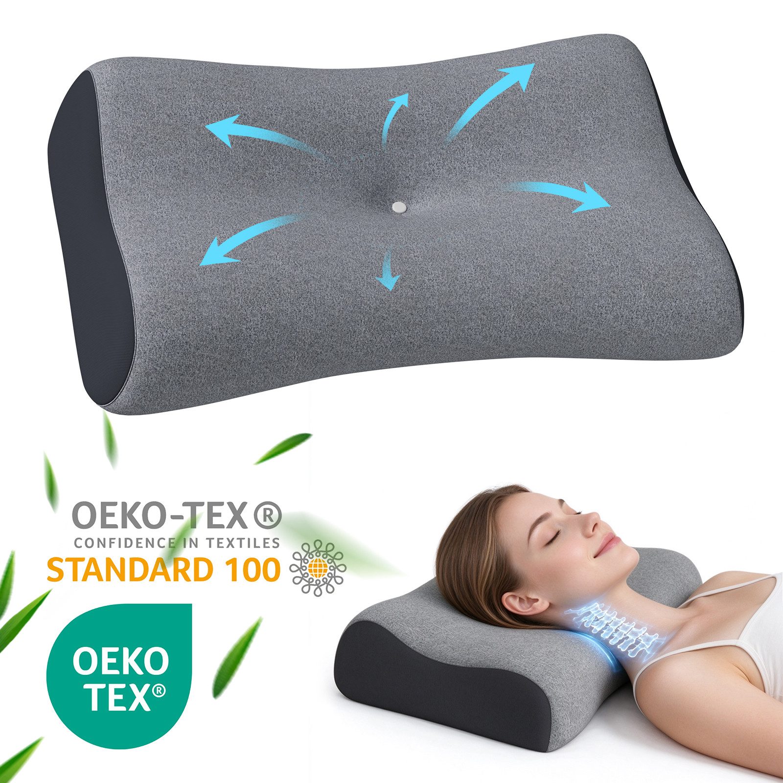 CHICASA Kopfkissen Reisekissen Nackenkissen aus Memory Foam, ergonomisch, Füllung: Kissenkern: 100 % Memory-Schaum, für verschiedene Schlafpositionen, kompakt und verstaubar, Bezug abnehmbar und waschbar, Ideal für Reisen, Business und Hotels