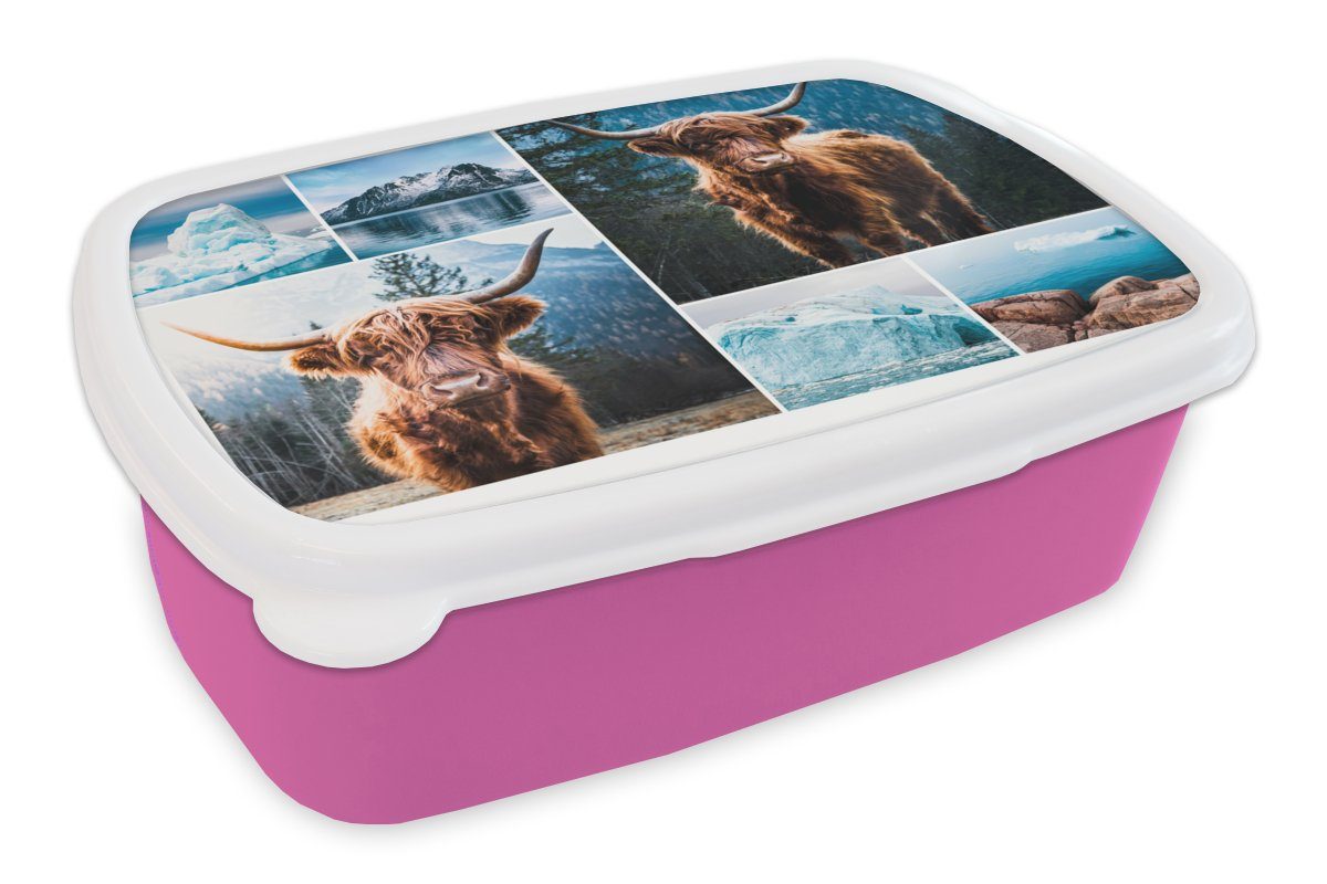 MuchoWow Lunchbox Schottischer Highlander - Collage - Winter, Kunststoff, (2-tlg), Brotbox für Erwachsene, Brotdose Kinder, Snackbox, Mädchen, Kunststoff rosa