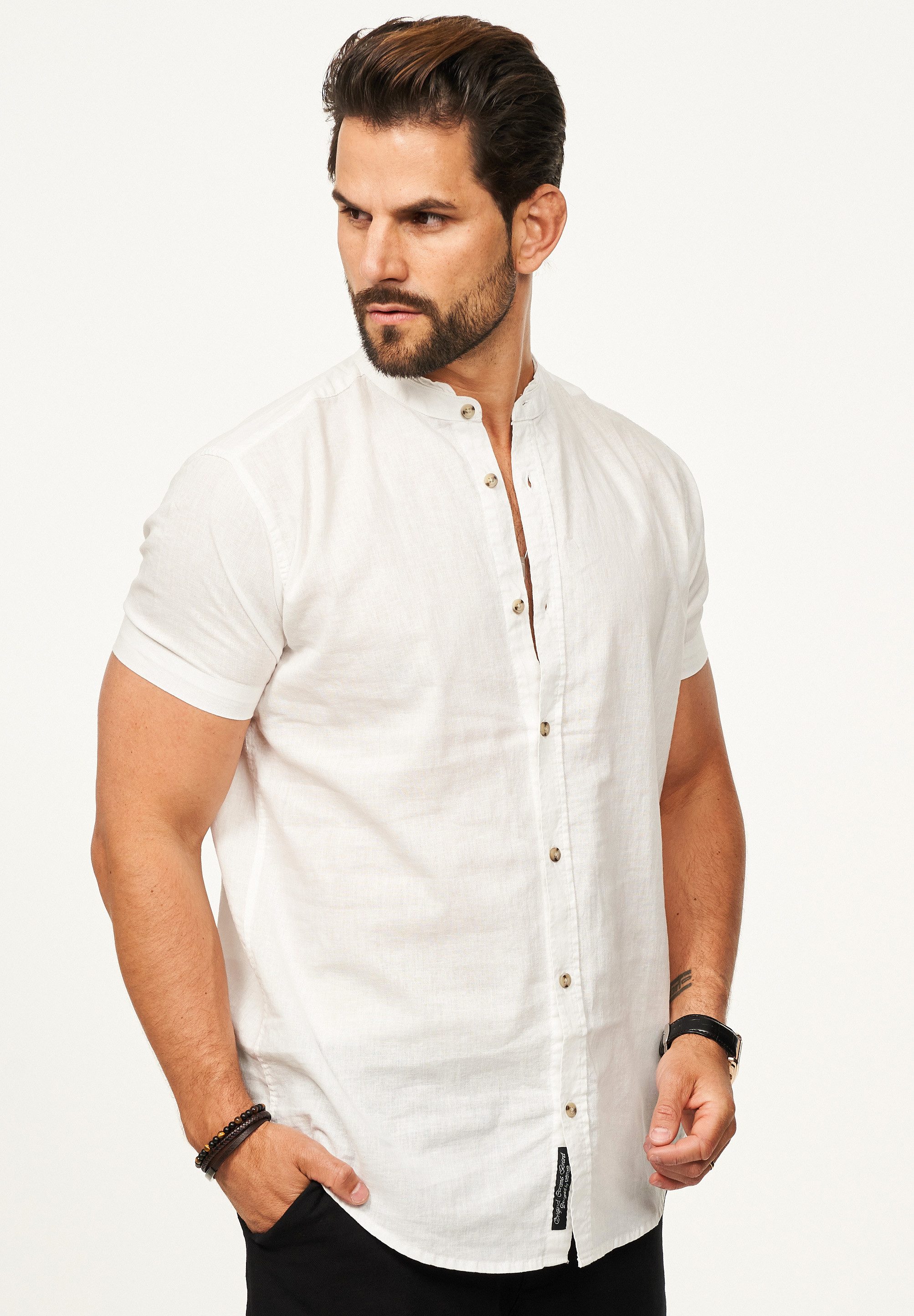 behype Kurzarmhemd als Sommerhemd aus Leinen im Regular-Fit Herren Leinenhemd Freizeithemd mit Stehkragen