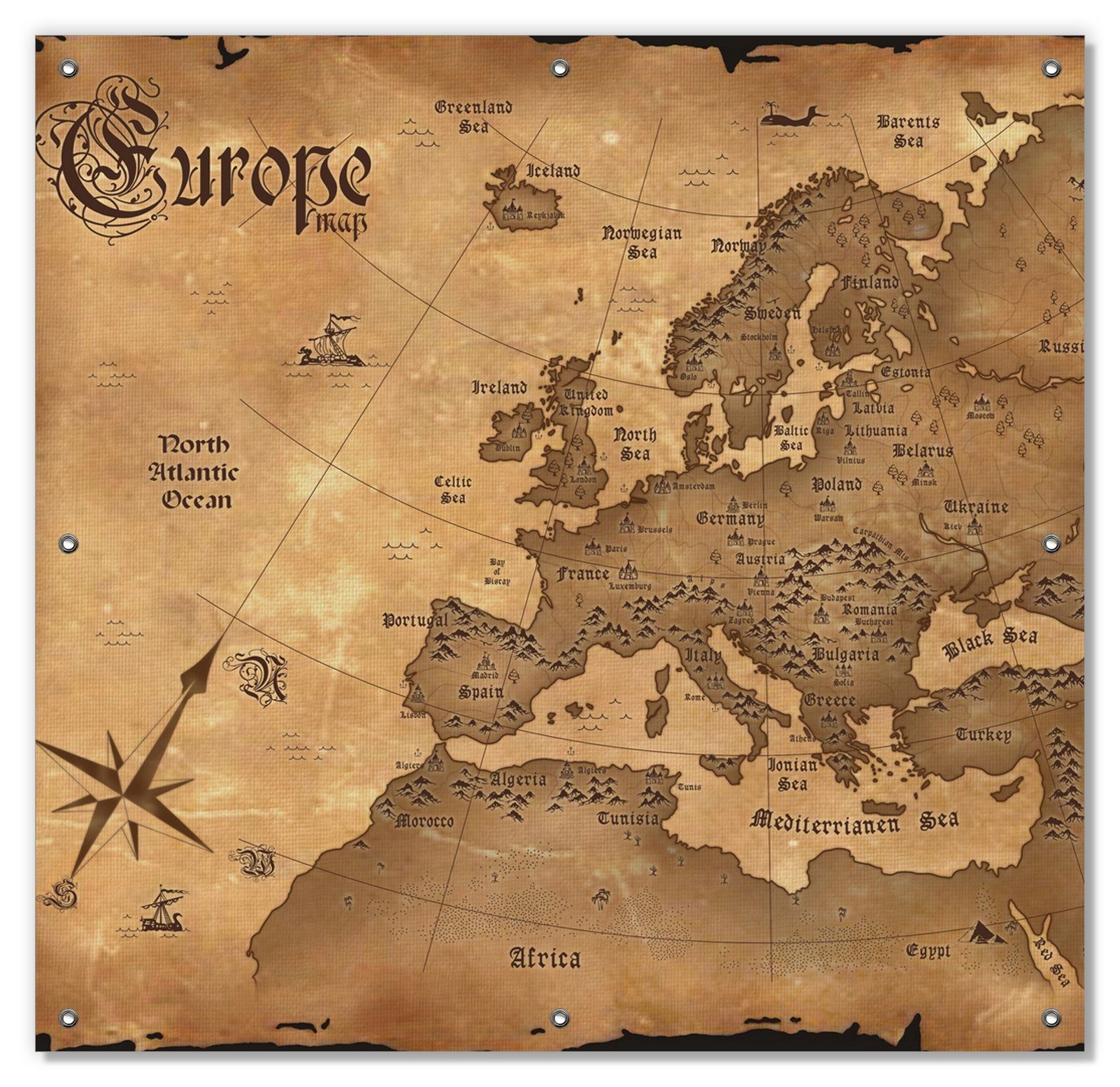Sonnenschutz Alte Weltkarte Karte von Europa in englisch, Wallario, blickdicht, mit Saugnäpfen, wiederablösbar und wiederverwendbar | Fensterfolien