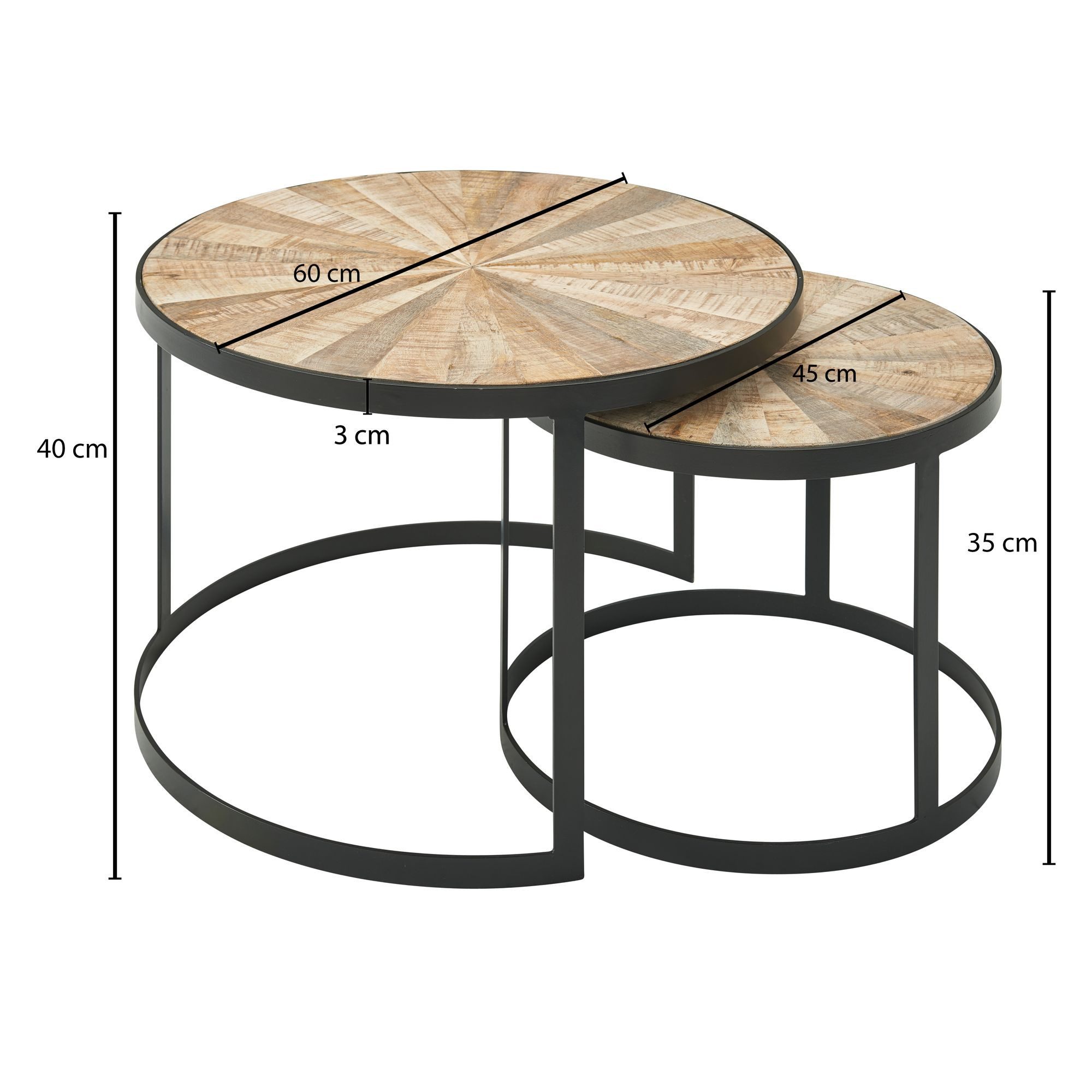 FINEBUY Couchtisch FB64726 Design Massivholz Wohnzimmertisch 2 teilig Rund Sofatisch (2er Set Mango / Akazie Massivholz Rund Modern), Couchtisch mit Metallbeine, Beistelltisch