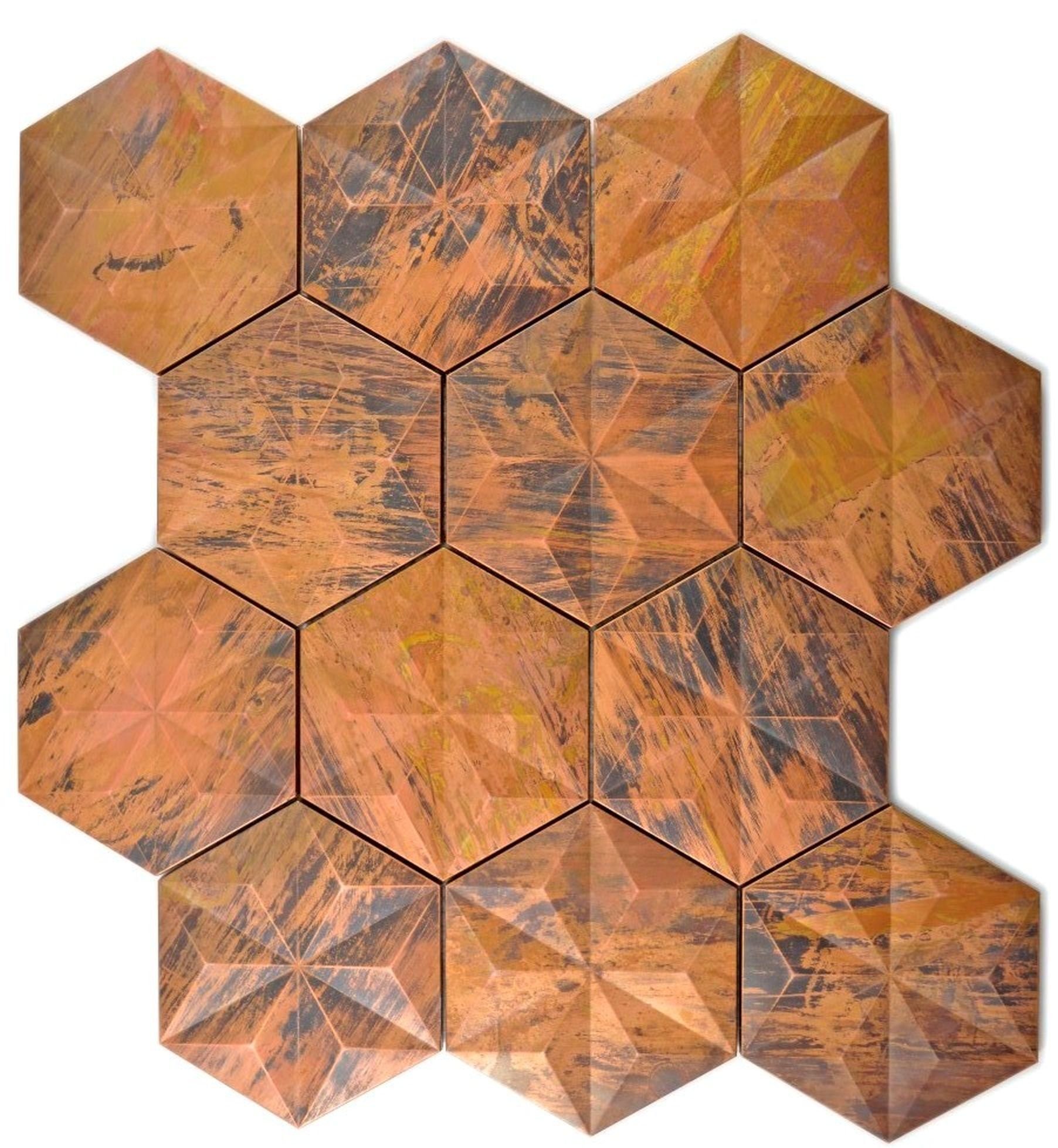 Hexagon Mosaikfliesen Fliese Küchenrückwand braun Kupfermosaik Fliesenspiegel Mosani 3D