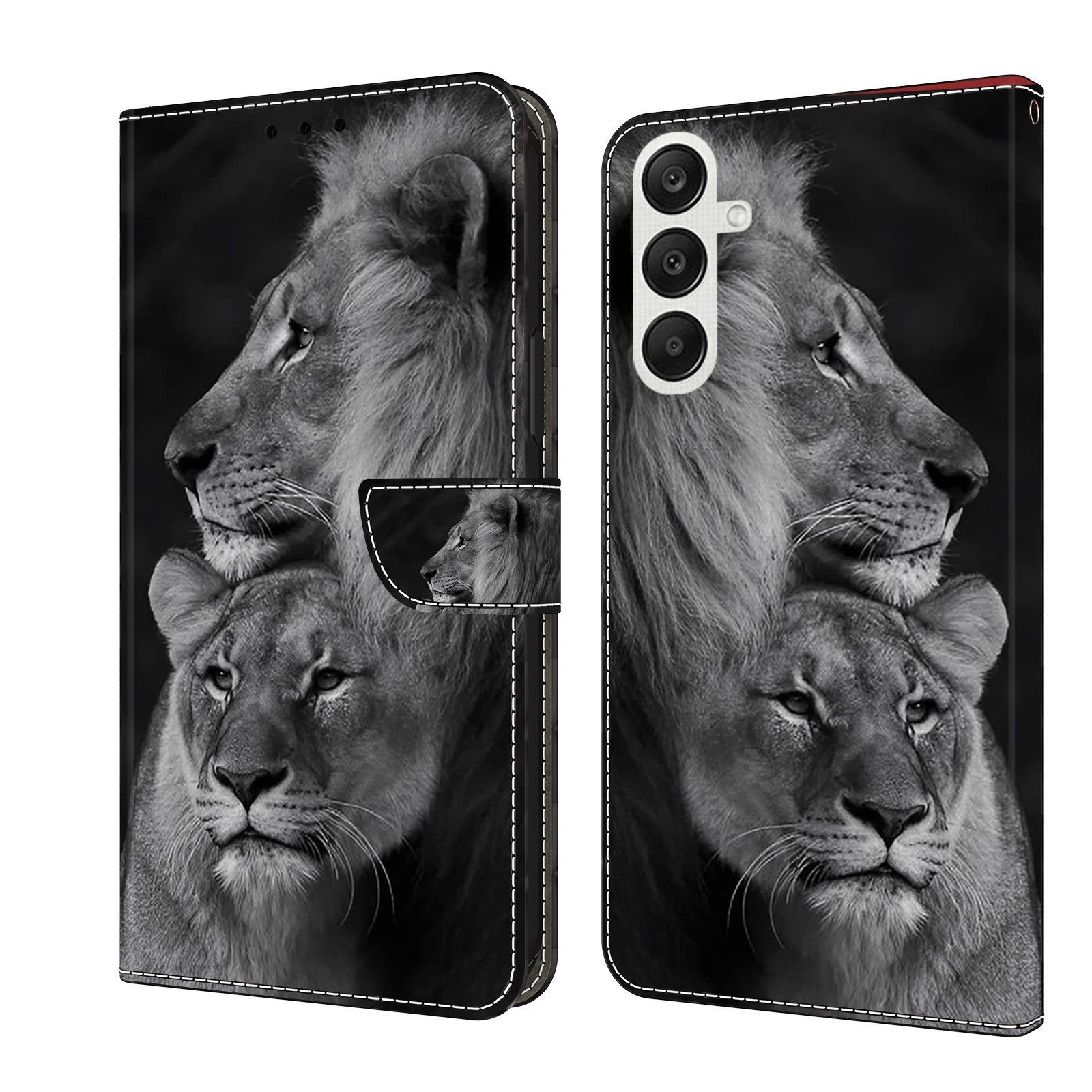 CLM-Tech Handytasche für Samsung Galaxy A16 / A17 5G Hülle aus PU Leder Klapphülle (Löwe in schwarz grau, Handyhülle mit Standfunktion - Wallet Flip Case inklusive Kartenfächer), Cover mit Magnetverschluss