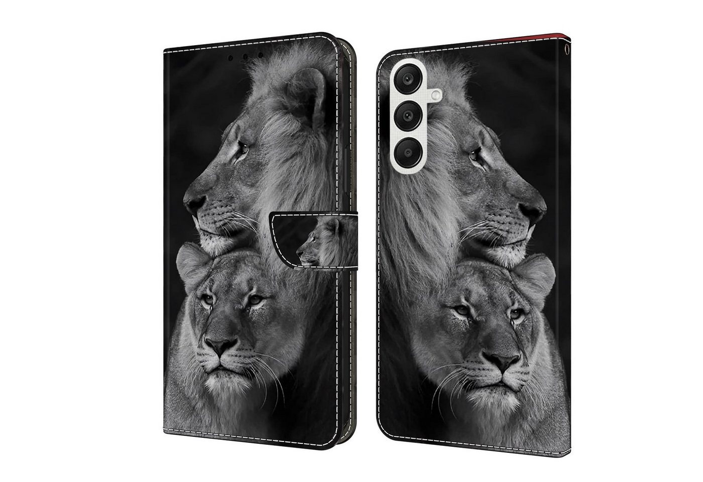 CLM-Tech Handytasche für Samsung Galaxy A57 5G Hülle aus PU-Leder Klapphülle (Löwe schwarz grau, 1-tlg., Flip Case), Magnetverschluss, Standfunktion und Kartenfächer