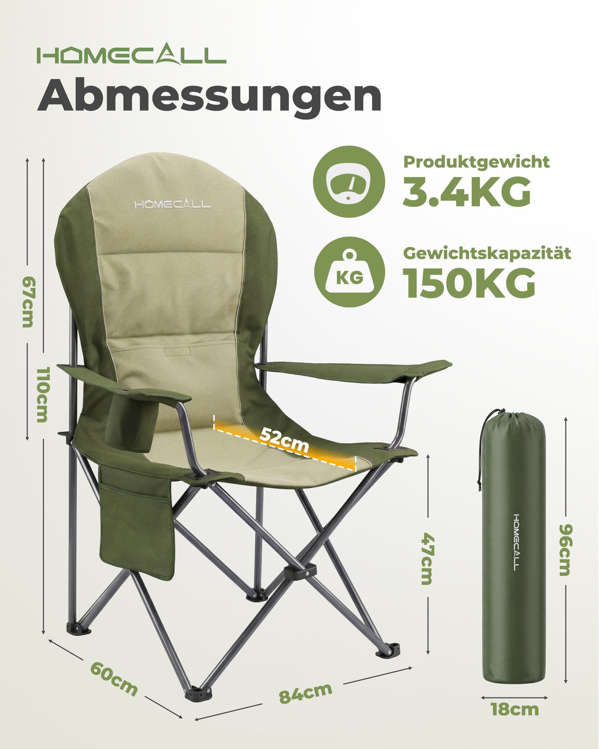 HOMECALL Campingstuhl Hochlehner 110cm mit Lendenwirbelstütze Klappstuhl Angelstuhl Faltbar (Bis 150kg, gepolstert, faltbar, stabil, 1 St), für Camp Garten Balkon