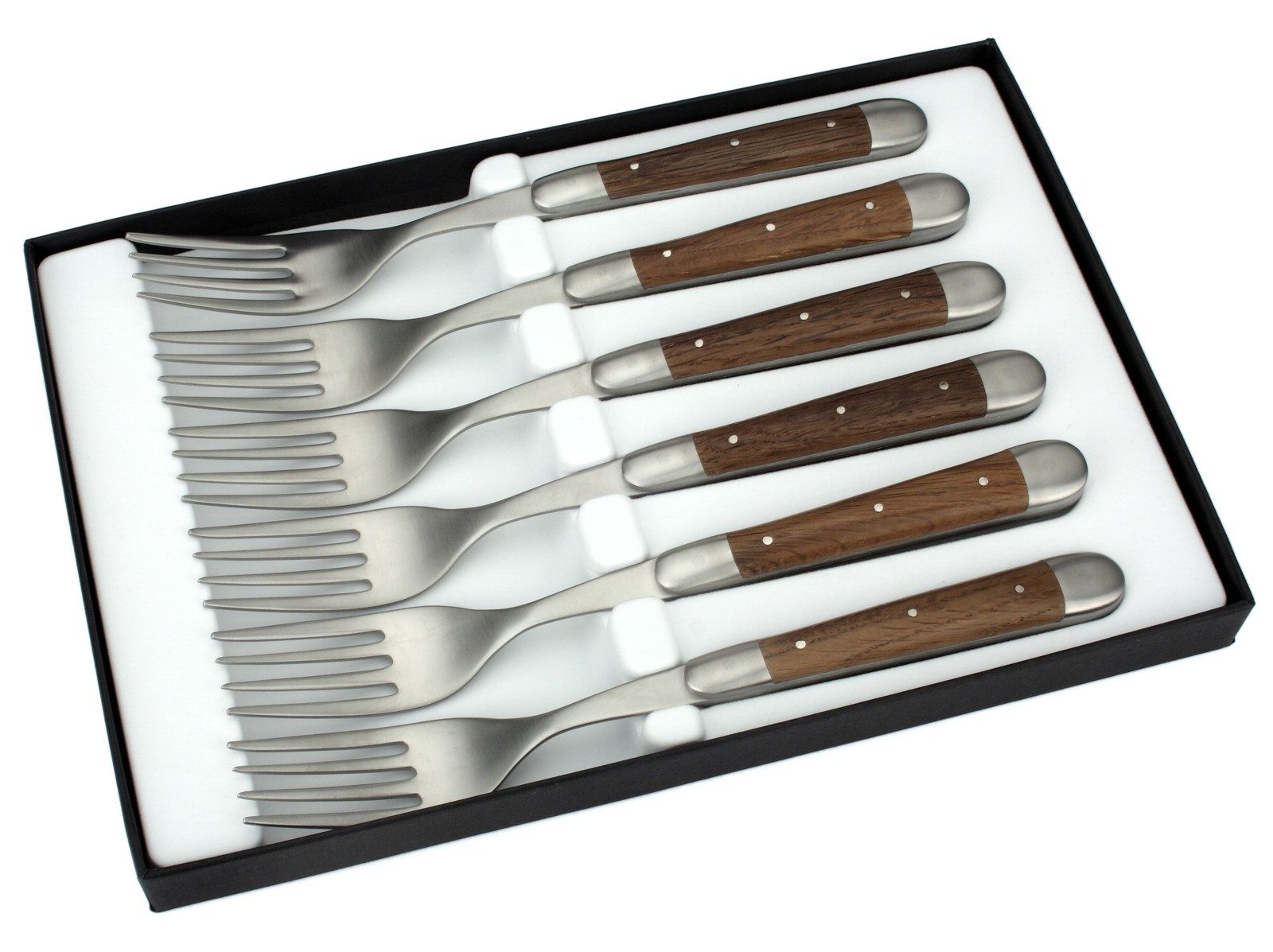 Forge de Laguiole Steakbesteck FE6 2M IN CHFC SAT, 6 Gabeln - Griff Mooreiche - Backen matt - Gabelteil Stahl satiniert
