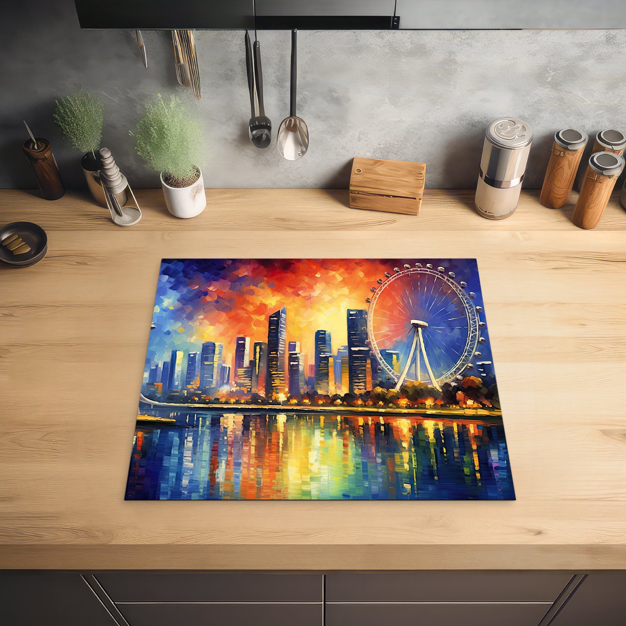 Mobile Singapur Nacht Ceranfeldabdeckung tlg), Städte, - 60x52 - Vinyl, nutzbar, - MuchoWow Architektur (1 cm, Herdblende-/Abdeckplatte Kunst - Arbeitsfläche